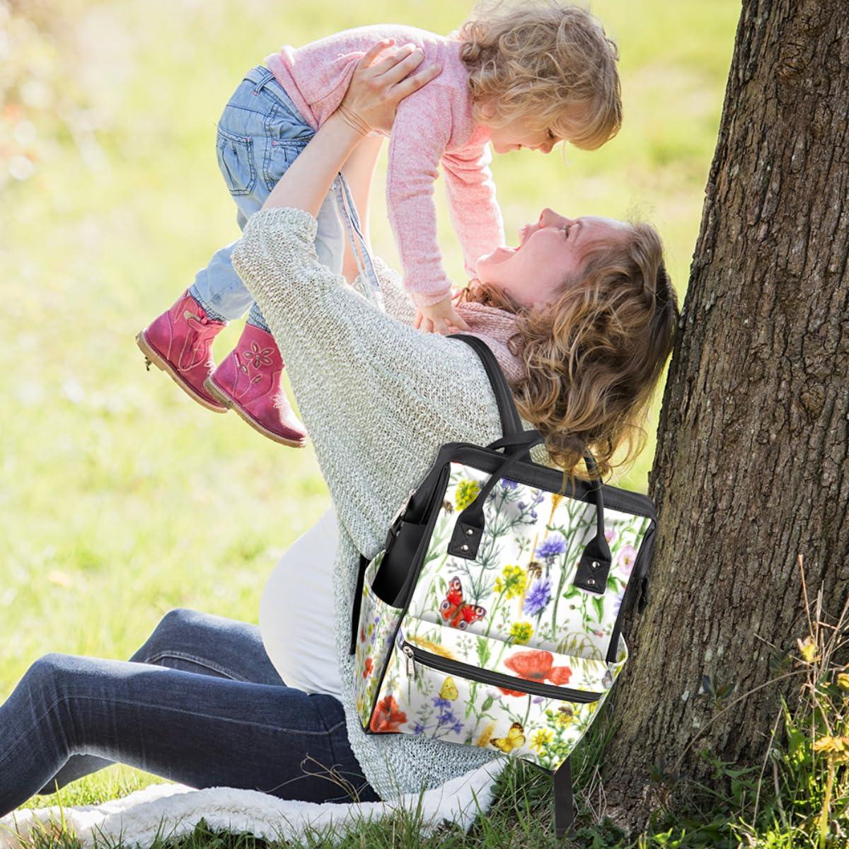 Mularoka Spring Flower Art Diaper Backpack Multi-functional Travel Diaper Bag Back Pack Daypack Water-resistant Diaper Bag Backpack with Stroller Strapes for Women Men