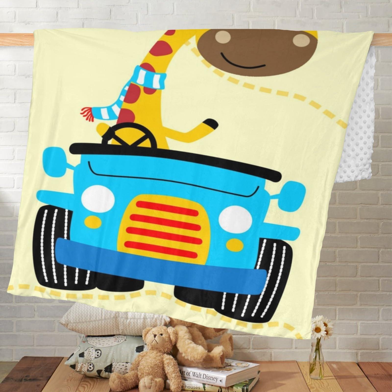 Joyestore Giraffe Cartoon Car Personalized Baby Blanket Boys Girls Soft Minky Blanket Double Layer Dotted Custom Newborn Shower Gifts 35X45 in
