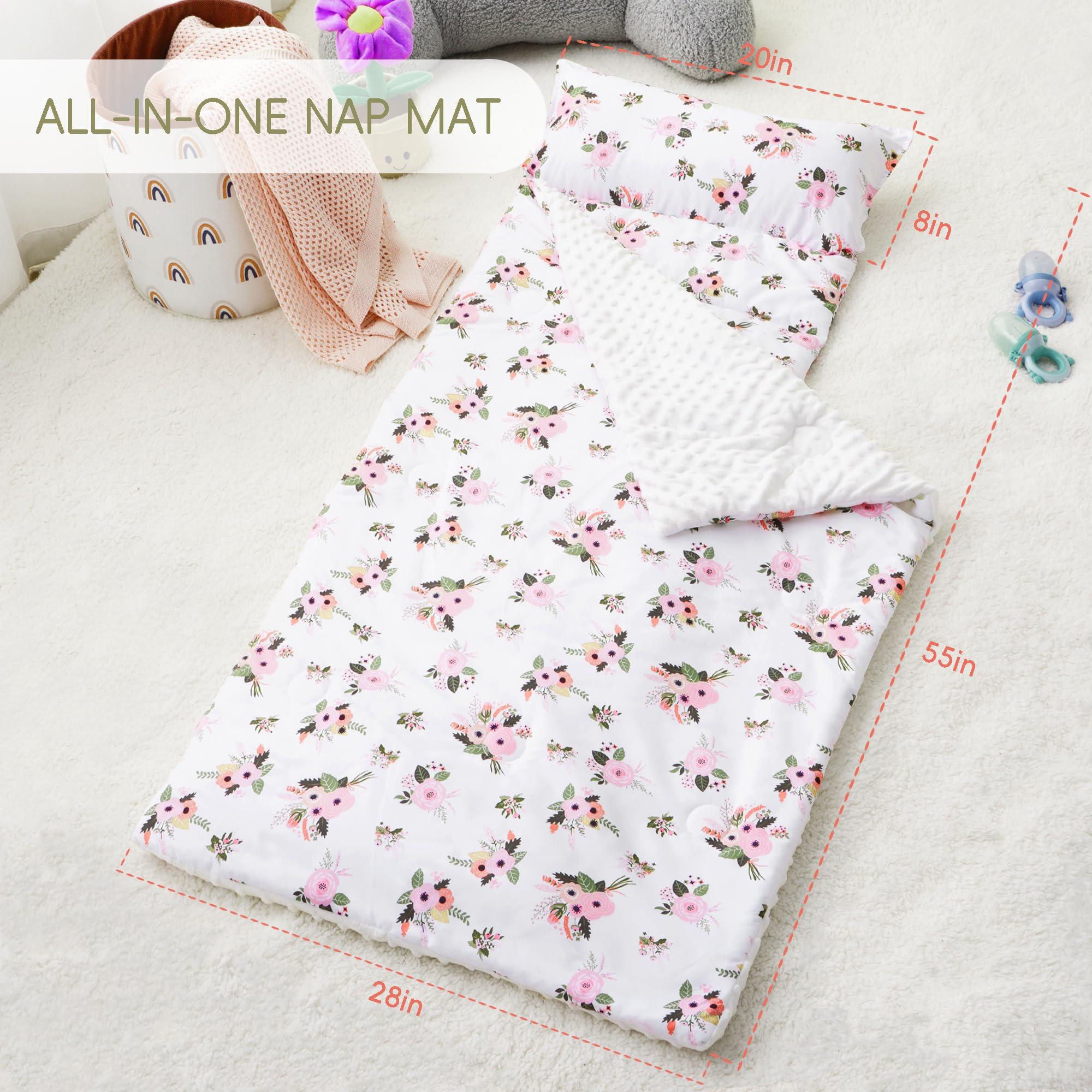 Bunnikins & Clover Bunnikins & Clover Toddler Nap Mat with Removable Pillow, Cotton Nap Mats for Preschool, Easy Clean Toddler Sleeping Mat for Kindergarten, Kids Sleeping Bag for Travel Camping
