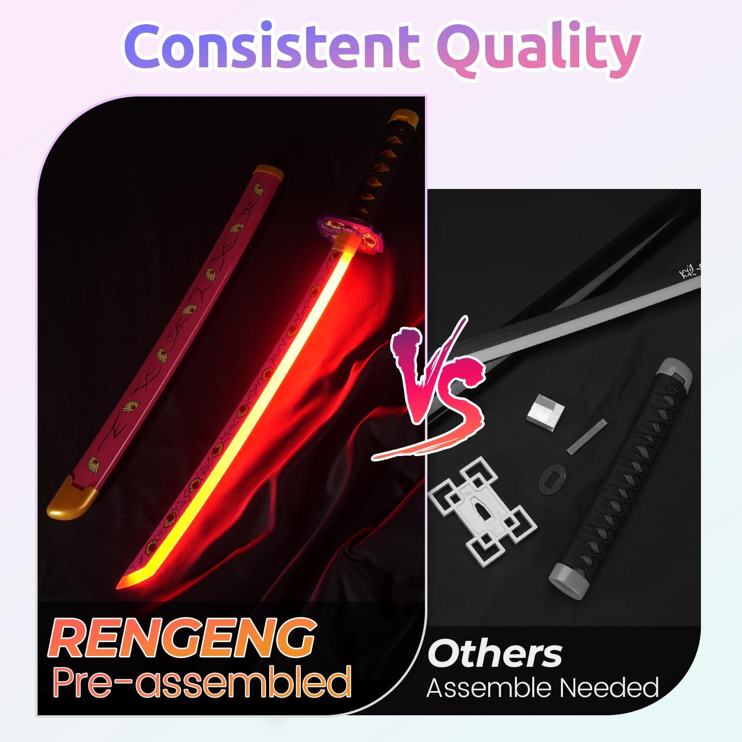 RG RENGENG RENGENG Light Up Kokushibo Sword, 30 Inches Rechargeable Pre-Assembled Plastic Replica with Belt & Stand & Spinner, Original Texture Sword