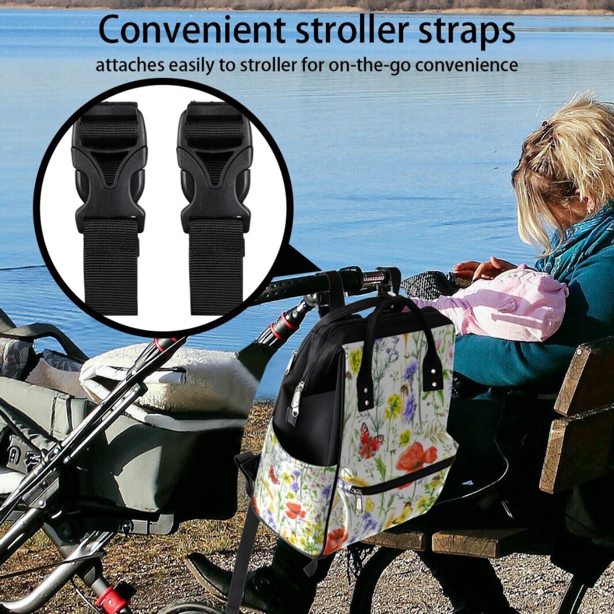 Mularoka Spring Flower Art Diaper Backpack Multi-functional Travel Diaper Bag Back Pack Daypack Water-resistant Diaper Bag Backpack with Stroller Strapes for Women Men