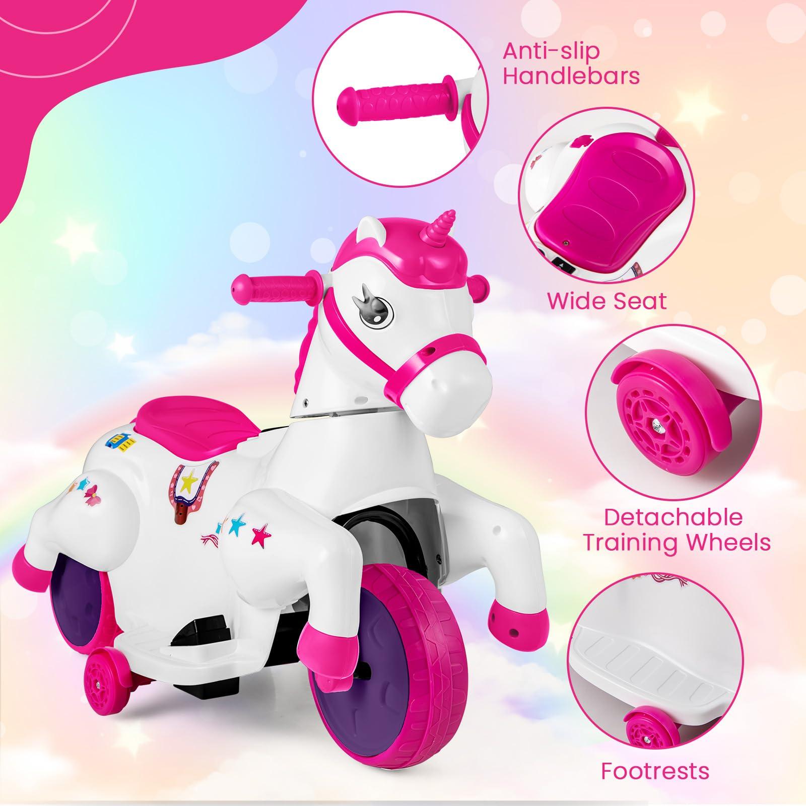 HONEY JOY HONEY JOY 12V Unicorn Ride on Toys, 3-Wheeler Battery Powered Motorized Ride on Horse w/Training Wheels, Music, Up & Down, Pony Electric Car for Kids, Gift for Boys Girls (Pink)