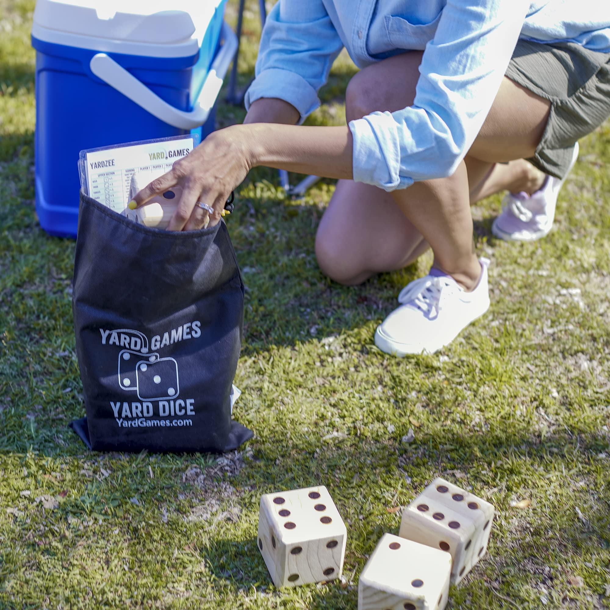 Yard Games Giant 3.5" Wooden Yard Dice with Laminated Yardzee and Farkle Scoresheets and Durable Carrying Case