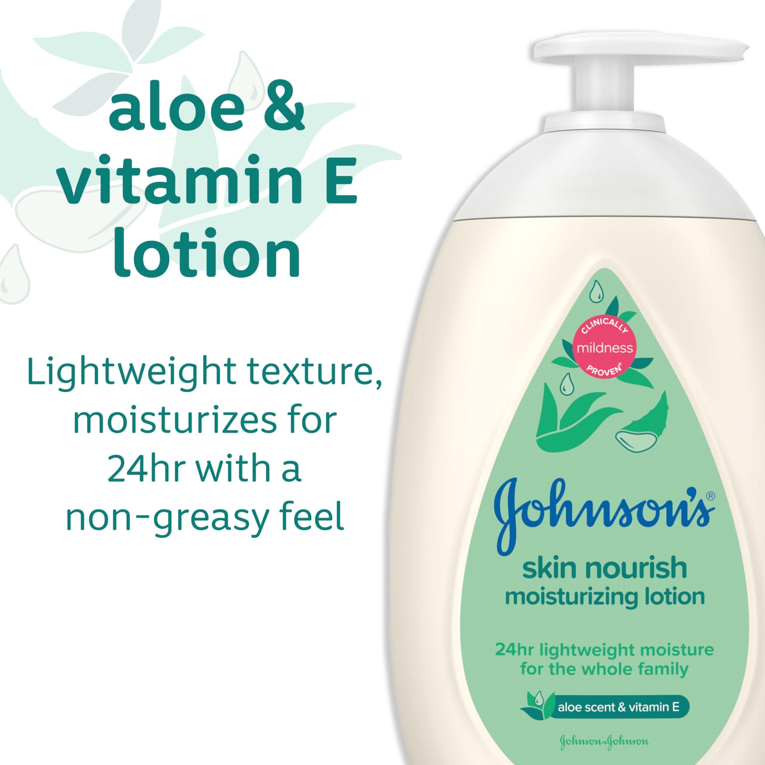 Johnson\'s Baby Johnson's Skin Nourish Moisturizing Baby Lotion with Aloe Vera Scent & Vitamin E, Gentle & Lightweight Body Lotion for The Whole Family, Hypoallergenic, Dye-Free, 16.9 fl. oz