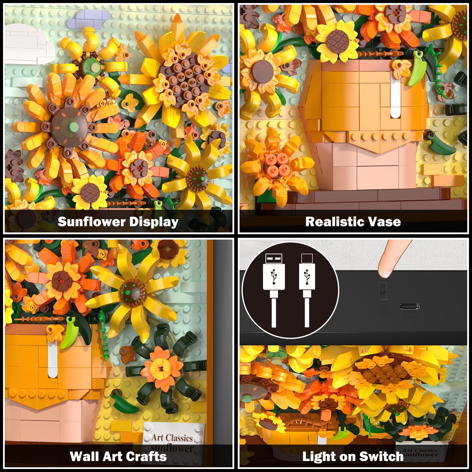 HOGOKIDS HOGOKIDS Flowers Sunflower Building Set with Lights - Vincent Van Gogh Painting Frame Artwork Mini Building Blocks Toy for Home Dcor Wall Art Architecture Sets for Adults Teens - 807PCS