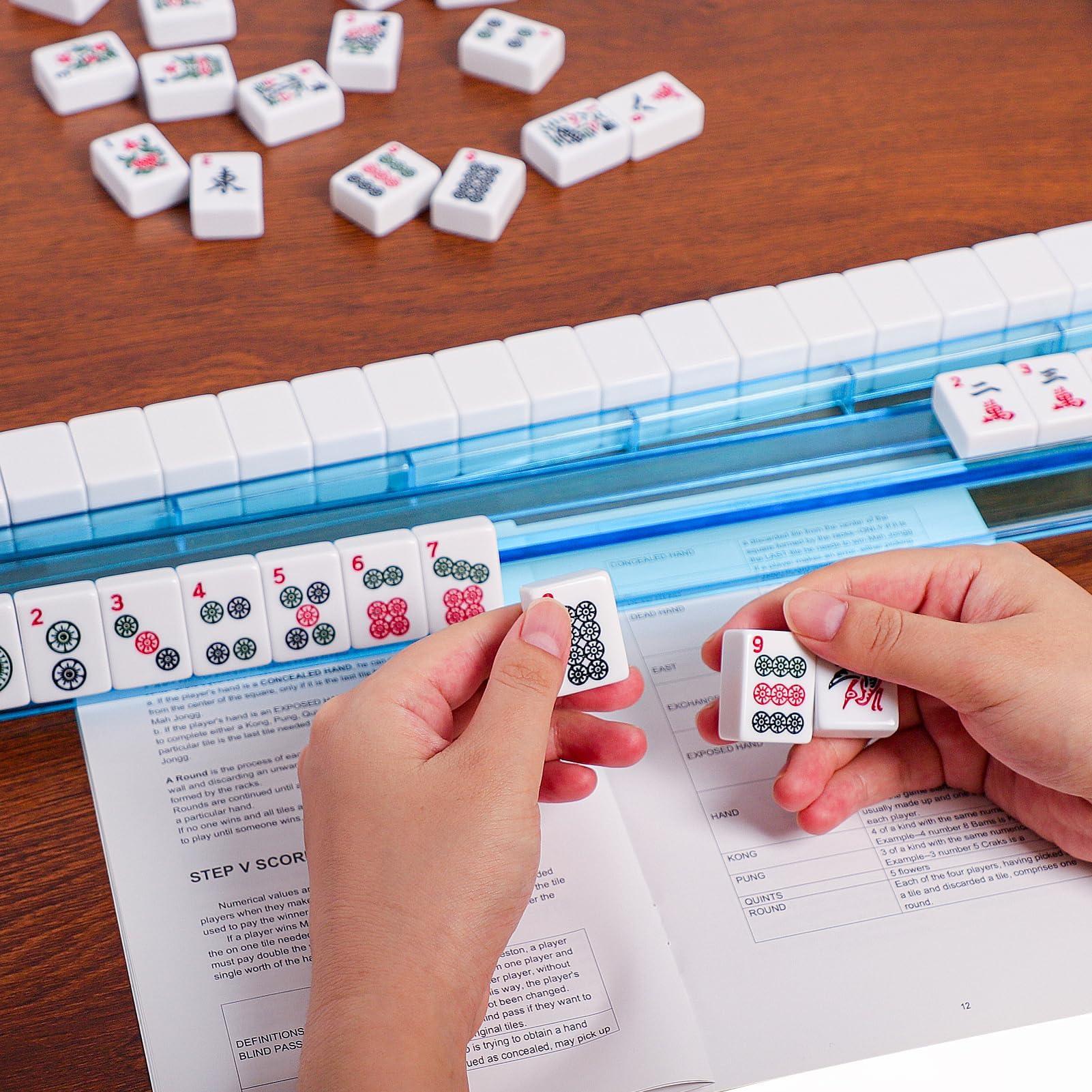 GUSTARIA GUSTARIA American Mahjong Game Set, 166 Premium White Tiles, 4 All-in-One Color Rack/Pushers, Complete Mahjongg Set Blue Carrying Bag, with Protective Sleeve for Mahjong Racks and Pushers