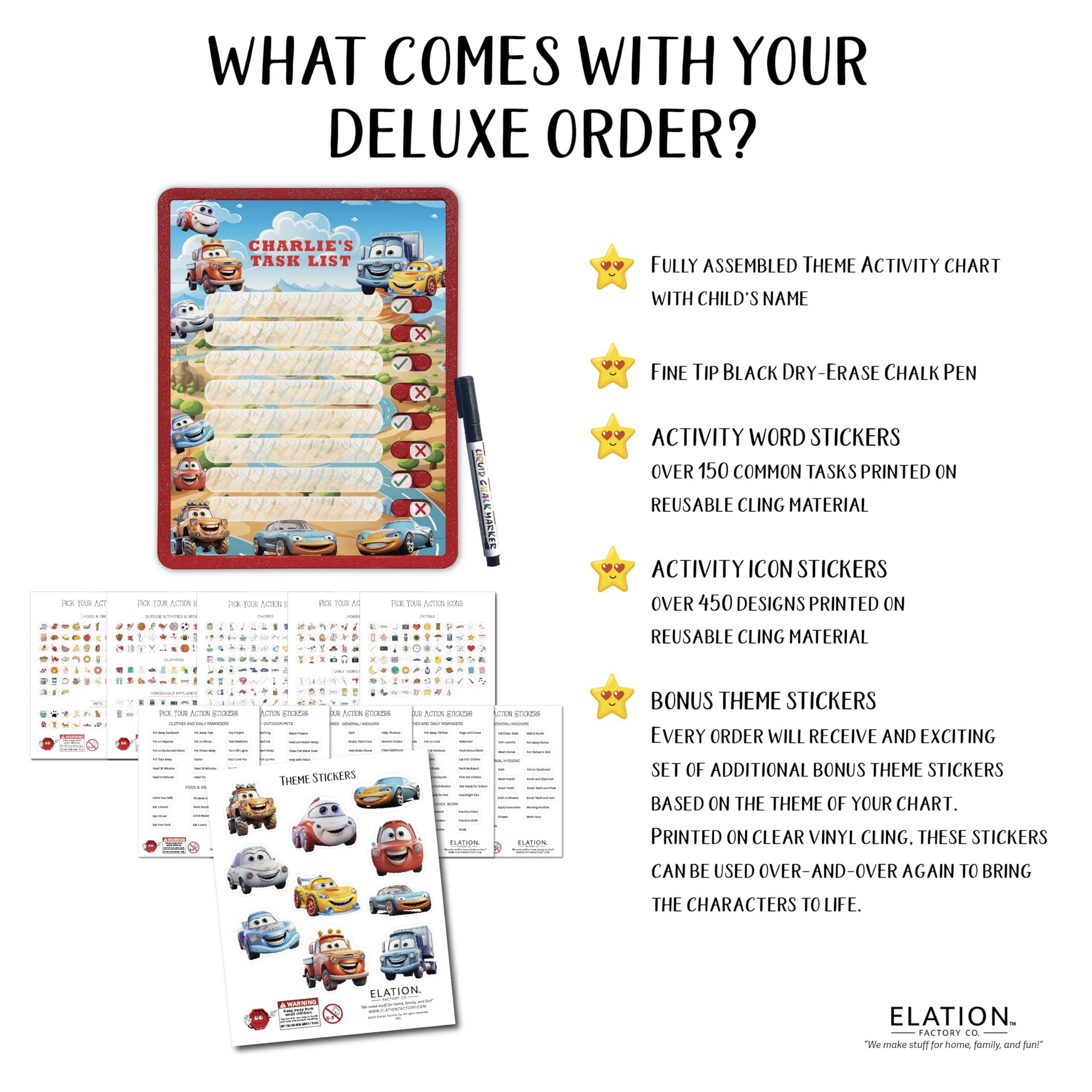 Elation Factory Co. Kids Routine Chart | Chore Chart for Kids | Daily Checklist | Kids Daily Tasks | Daily Routine | Dry-Erase | Personalized | Cars Friends Theme