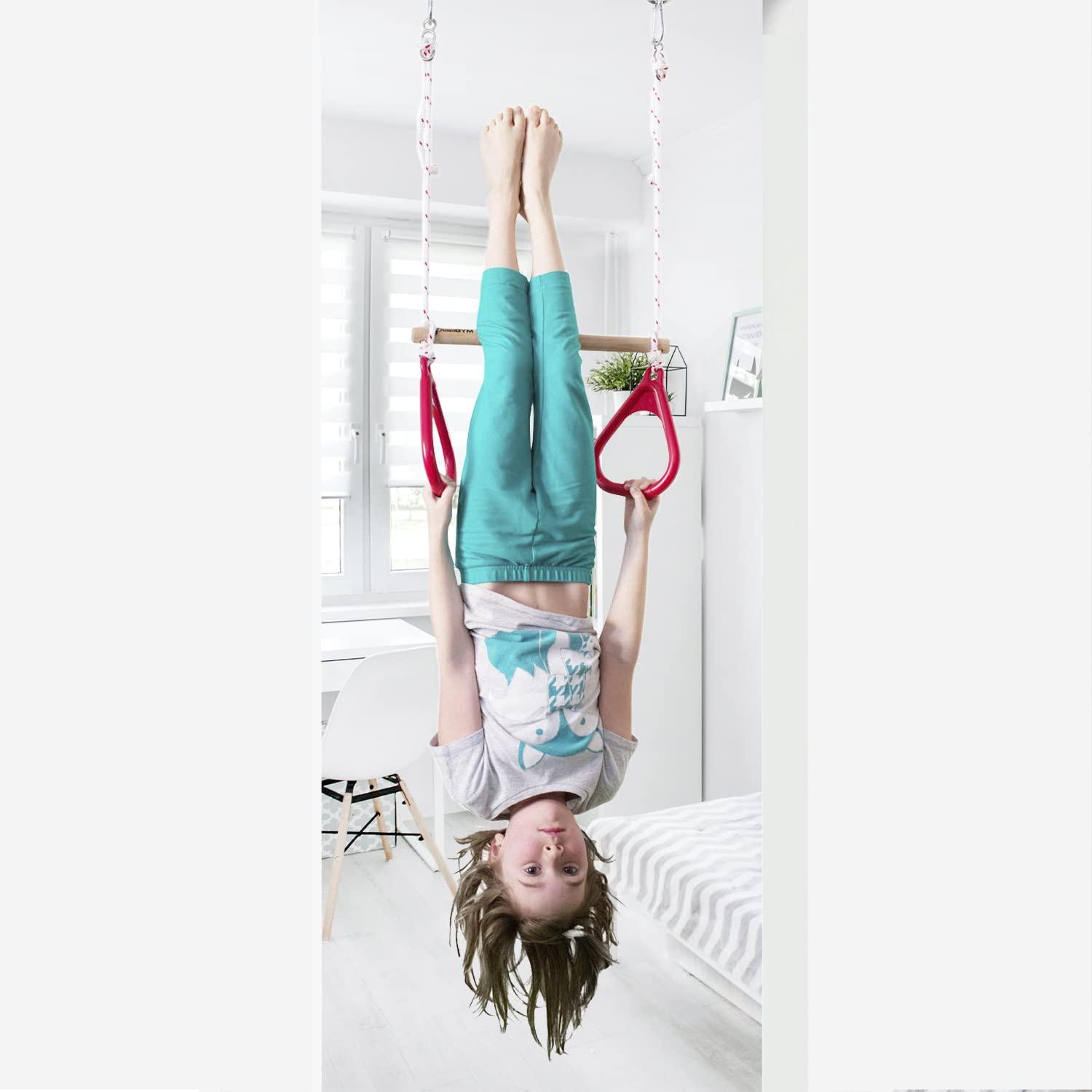 DreamGYM DreamGYM Doorway Sensory Swing Kit - Blue Compression Swing and Trapeze Bar with Red Gym Rings Combo