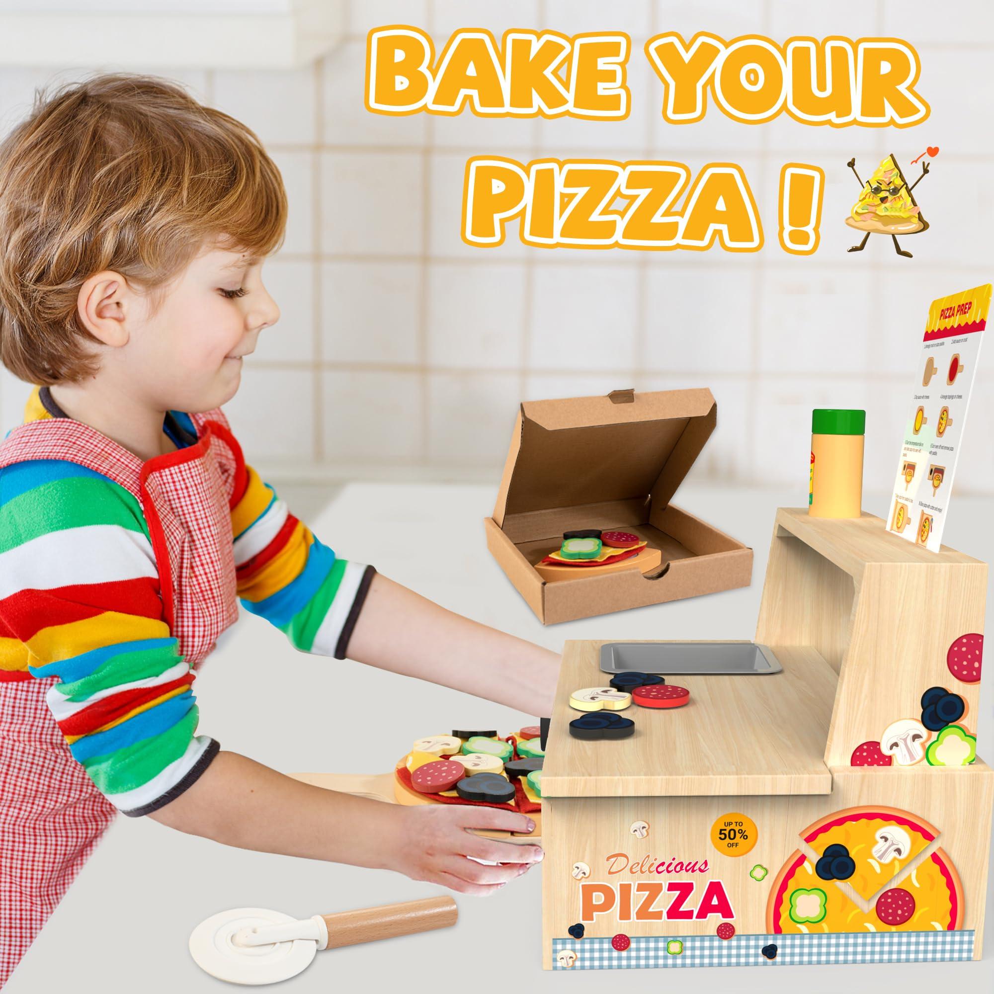 WOODMAM WOODMAM Wooden Pizza Toy - 48 PCS Montessori Pretend Play Food for Ages 3+, Educational Learning Toy Wooden Playset with Bake Oven, Christmas Birthday Gift for 3 4 5 6 Year Old