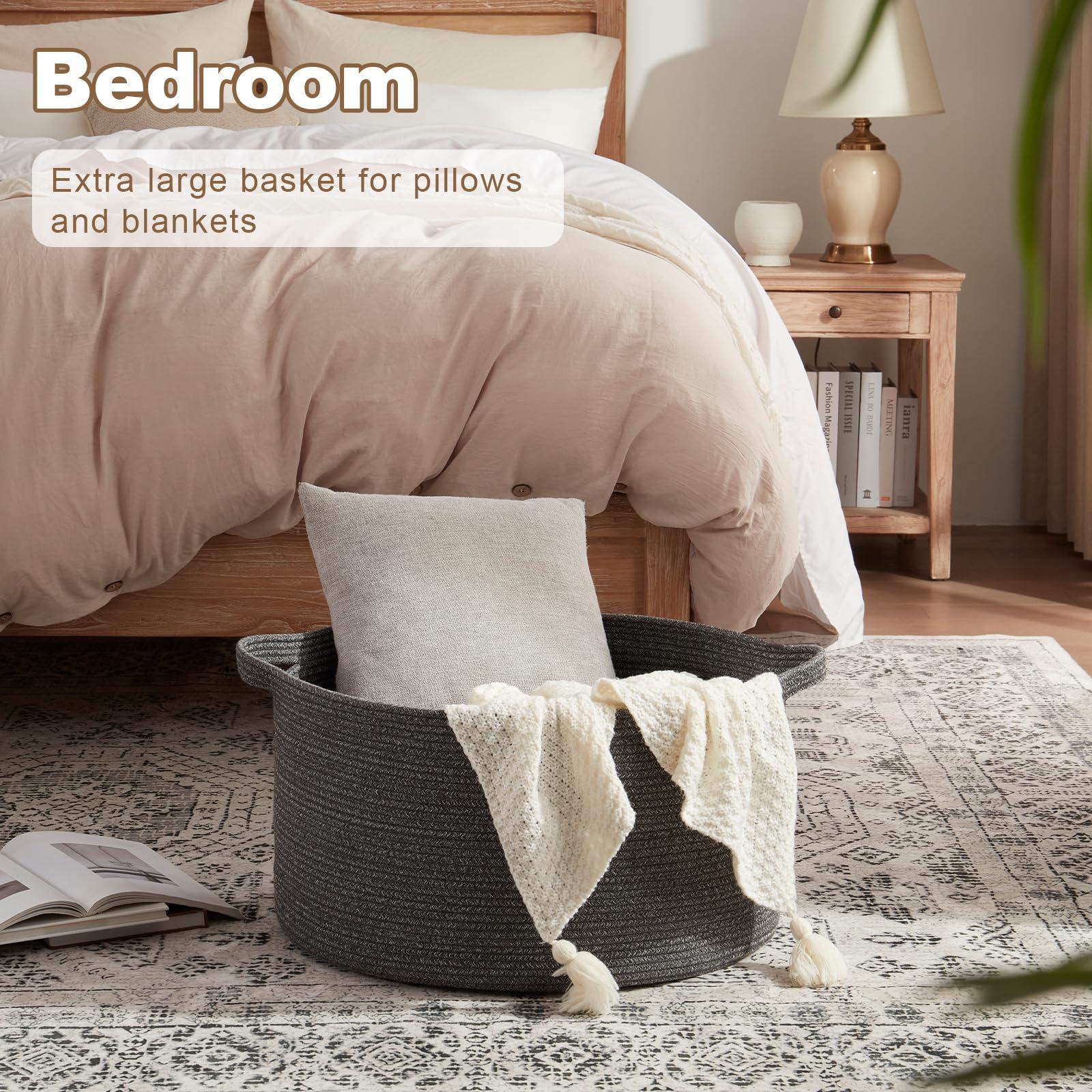 OIASKET OIASKET Large Woven Baskets for Storage, 22.8" x 22.8" x 13" Blanket Basket Living Room, Baby Toy Storage Basket, Big Laundry Basket for Clothes, Pillows, Towels, Shoe Basket for Entryway (Dark Grey)