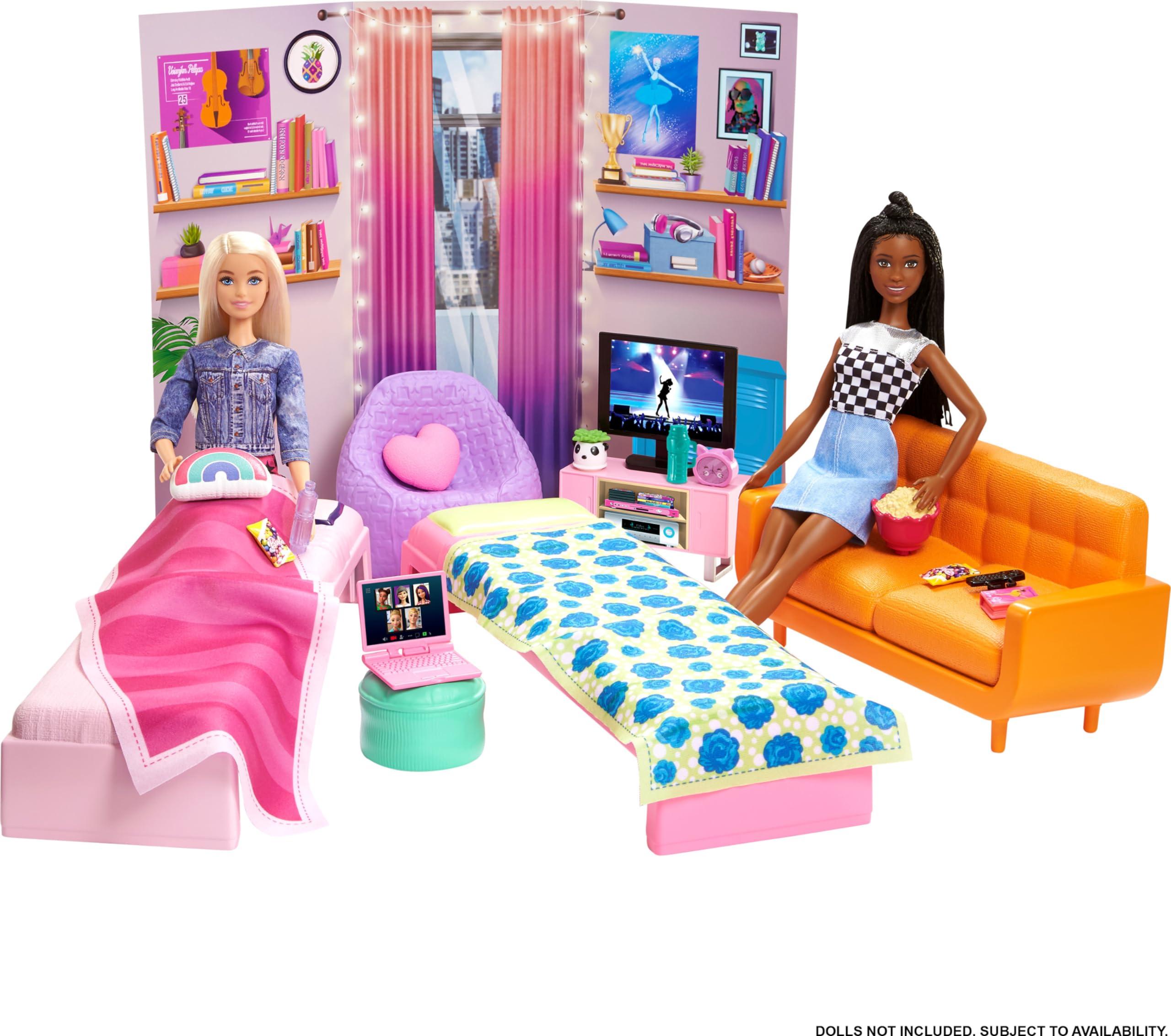 Barbie Barbie Toy Playset, Big City, Big Dreams Dorm Room Furniture & Accessories, Includes 2 Beds, Couch, Bean Bag Chair & More
