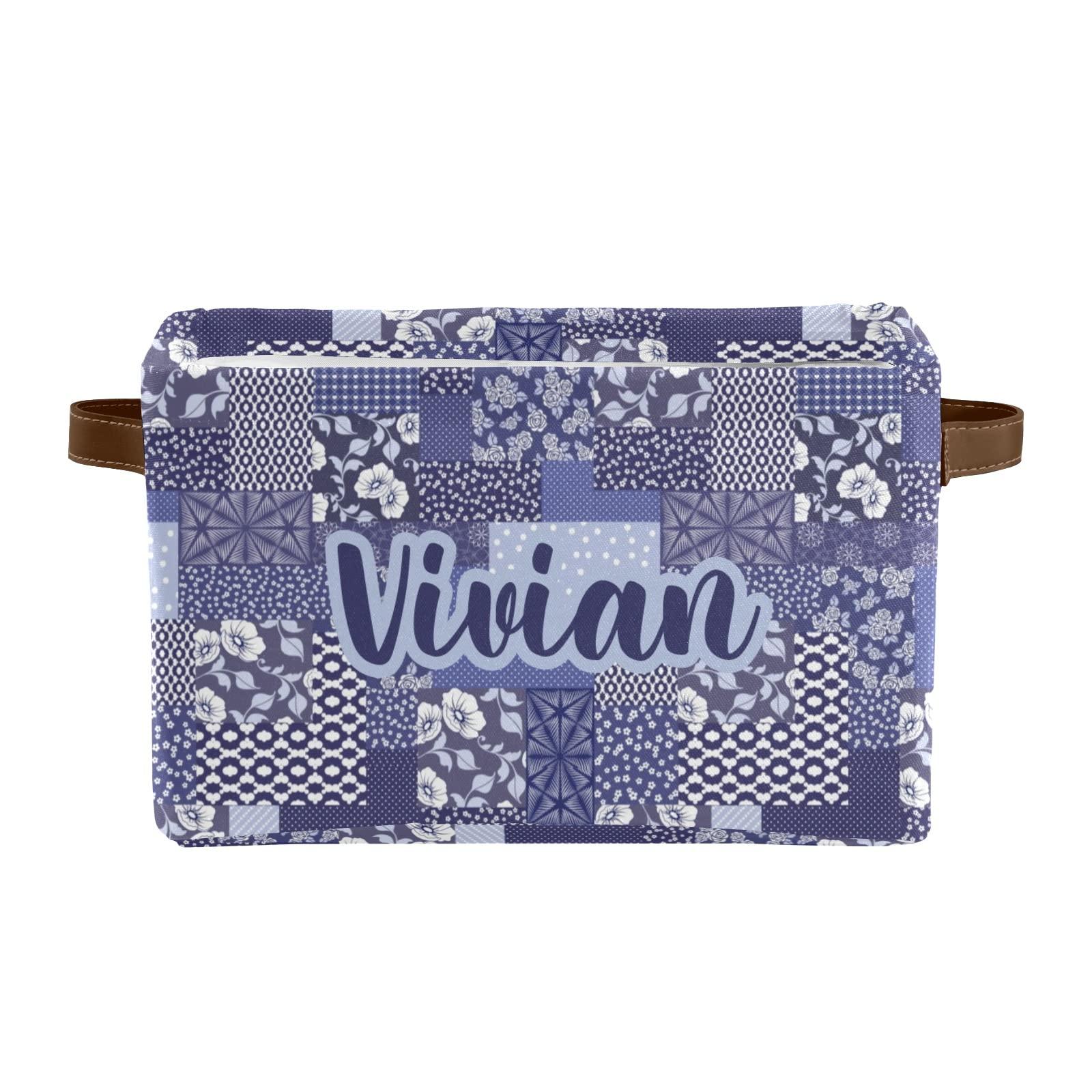Deven Deven Blue Flower Vintage Quilt Personalized Large Storage Baskets for Organizing Shelves with Handle,Closet Decorative Storage Bins for Bathroom,Nursery,Home 4 Pack