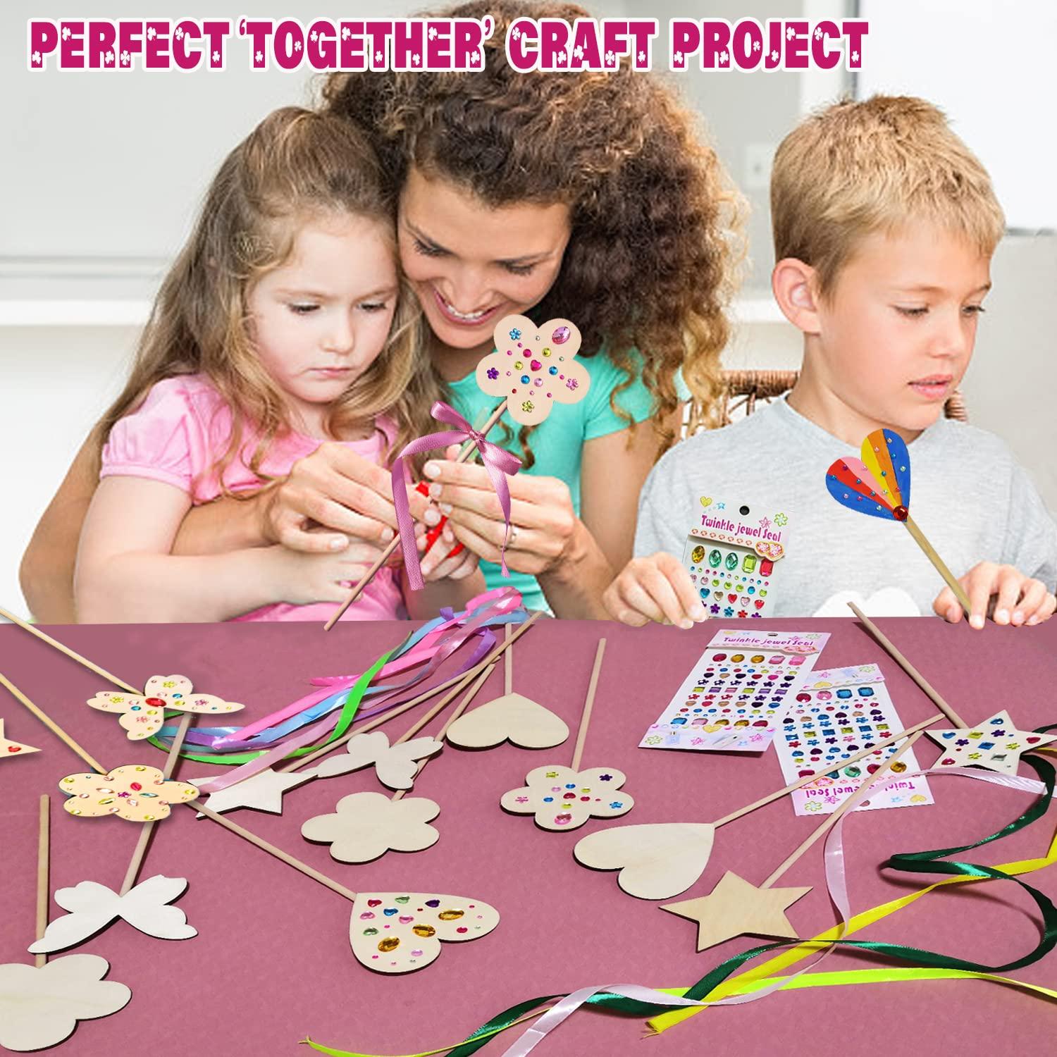 WUBOMJIO WUBOMJIO Princess Fairy Wands Craft Kit, Kid Birthday Party Supplies Make Your Own Magic Wands Include Unfinished Wooden Fairy Wands, Gem Stickers, Ribbons, Ideal Gift for Kids 6+(14 PCS)