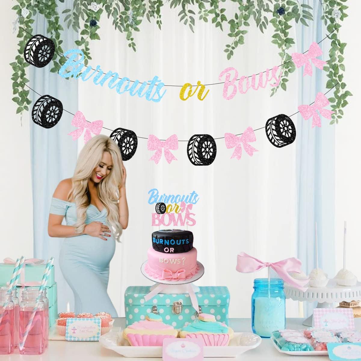Balterever Burnouts or Bows Gender Reveal Decorations Bunting He or She Blue Pink Banner Cake Topper for Baby Shower or Pregnancy Announcement