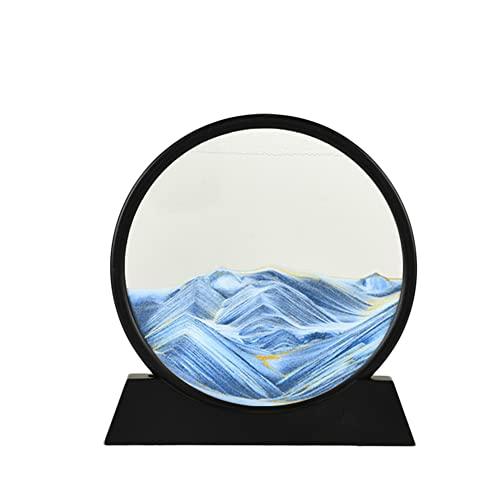 PTGMH PTGMH Liquid Motion Sandscape Picture Flowing Sand Art with Solid Wood Base Perpetual Motion Desktop Moving Sand Art Decor Therapy Office Decor Gifts with Packing Box (Blue with Plastic Base (7\"))