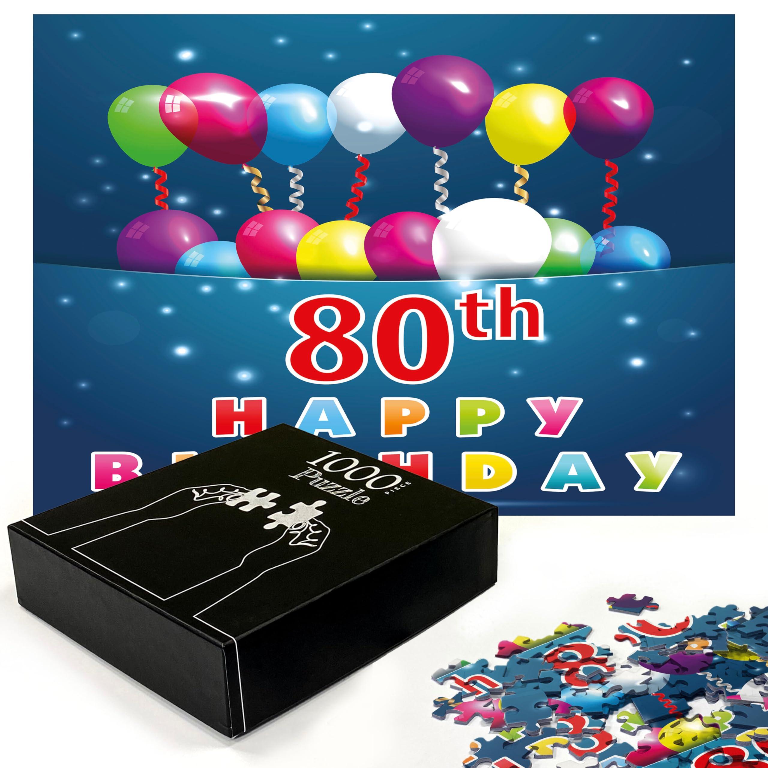 Ambesonne Ambesonne 80th Birthday Jigsaw Puzzle for Adults, Happy Birthday Words with Colorful Baloons on Blue Colored Backdrop Image, Heirloom-Quality Fun Activity Durable Cardboard, 1000 pcs, Sea Blue
