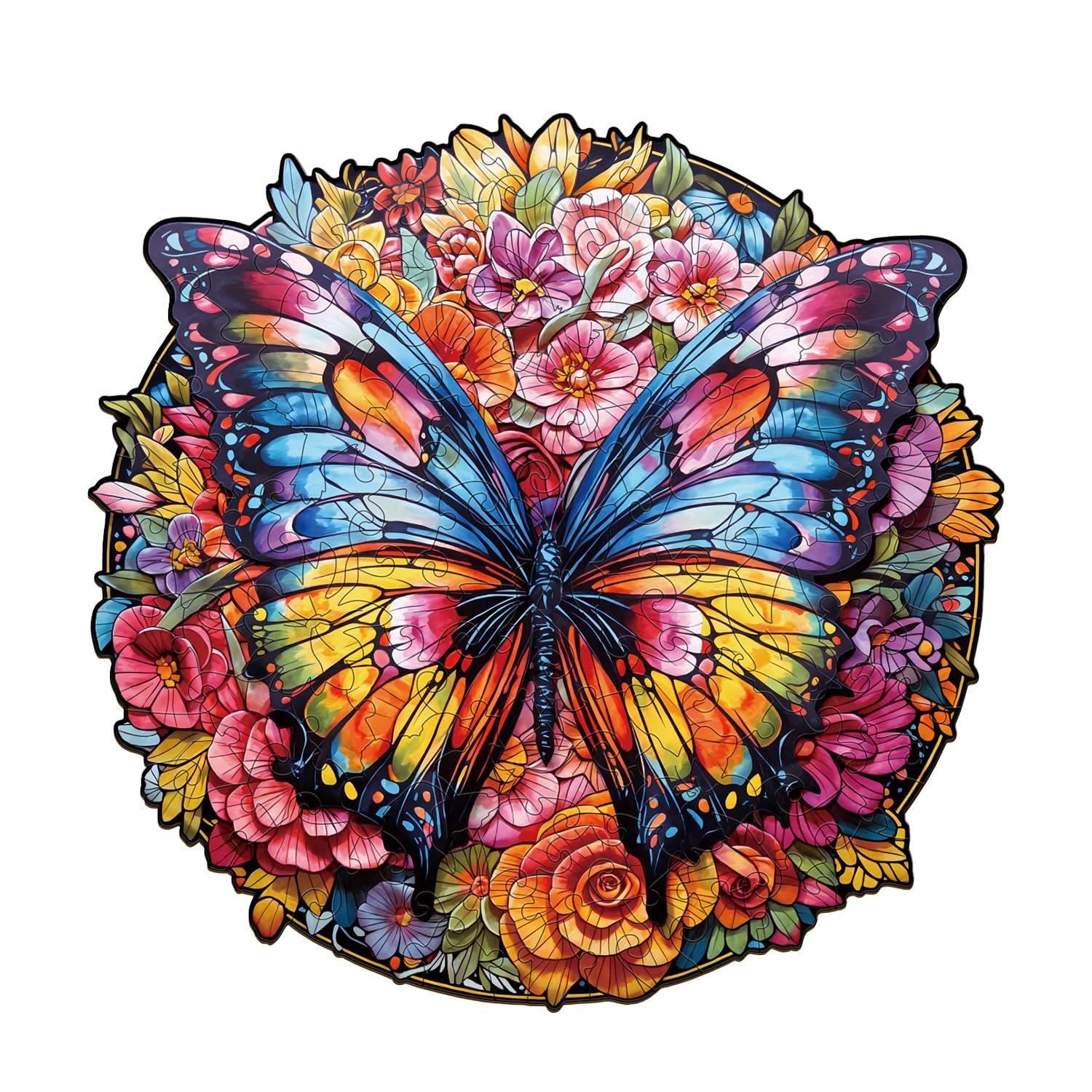Jigfoxy Jigfoxy Wooden Puzzle for Adults, Butterfly and Flowers Wooden Jigsaw Puzzles for Adults, Unique Animal Shape Wood Cut Puzzles for Family Friend Puzzle Lovers(L-13.4 * 13.1in-300pcs)