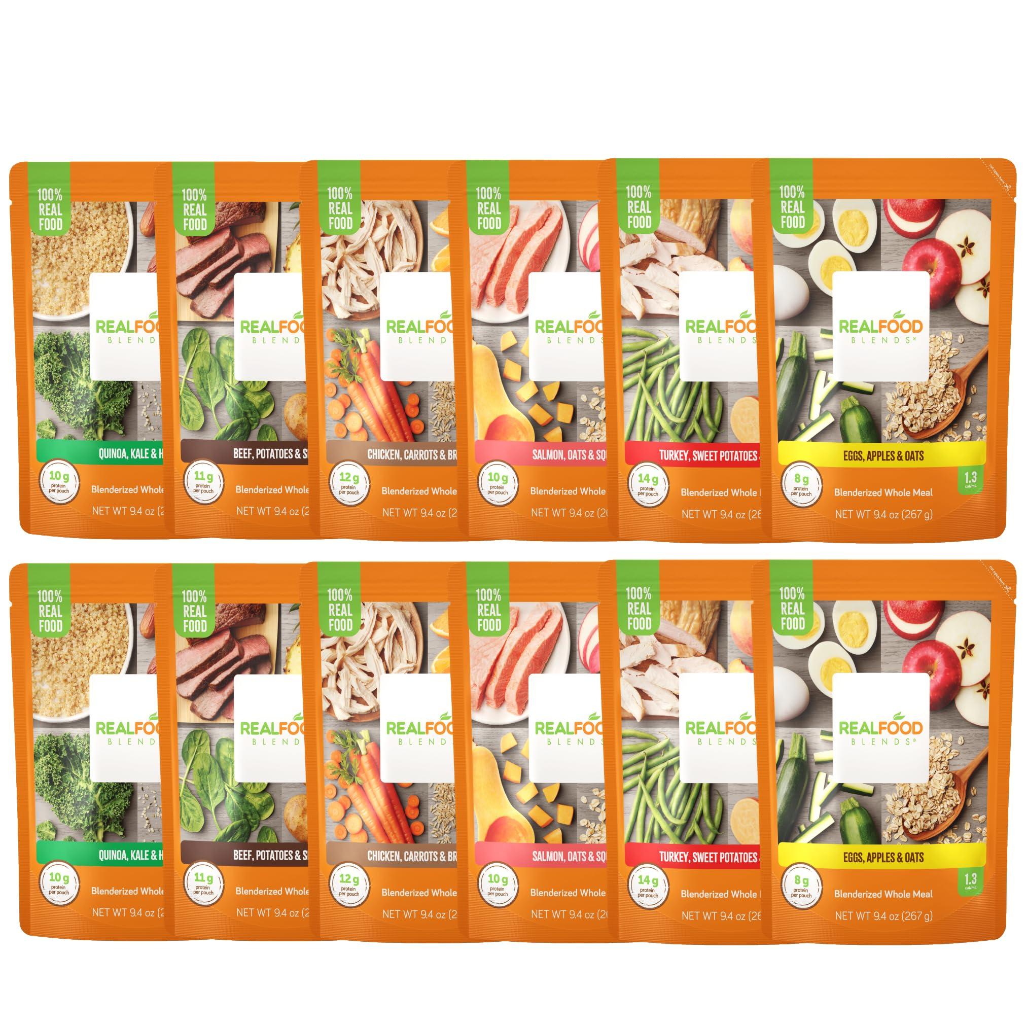 REAL FOOD BLENDS Real Food Blends Variety Pack - Pureed Food Meals for Tube Feeding with Protein, Vegetables & Fruits - 320340 Calories Per Pouch for Lunch & Dinner - 9.4 oz (Pack of 12)