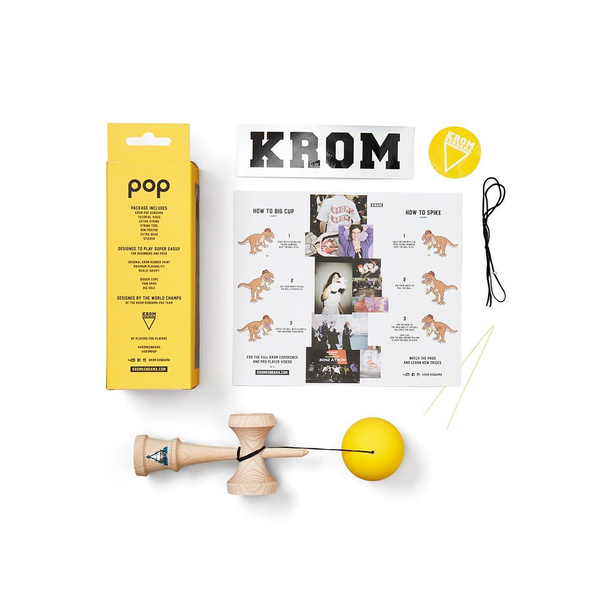 KROM KROM - Kendama Toy POP Yellow - High Wood Quality - Extra Strong - for Beginner and Pro - Gift Pack : Extra String + Stickers