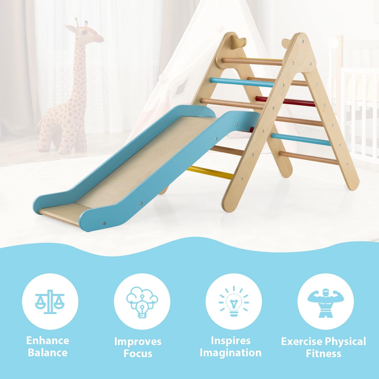 Olakids OLAKIDS Pikler Triangle Set 2 in 1 Climbing Toys for Toddlers Foldable Wood Montessori Baby Jungle Gym with Ladder Ramp Slide Kids Indoor Playground Activity Play Structure