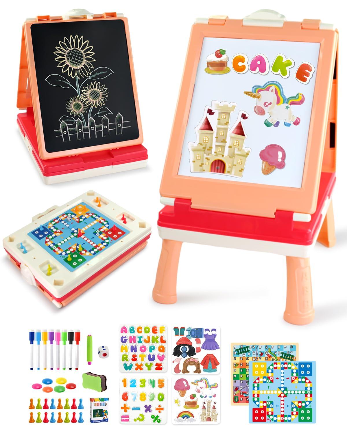 Elovien Elovien Tabletop Easel for Kids, Foldable Art Easel for Toddler,Double Sided Kids Easel with Chalkboard & Magnetic Dry Erase Board,Height Adjustable Desktop Easel, Educational Gift for Girls(Pink)