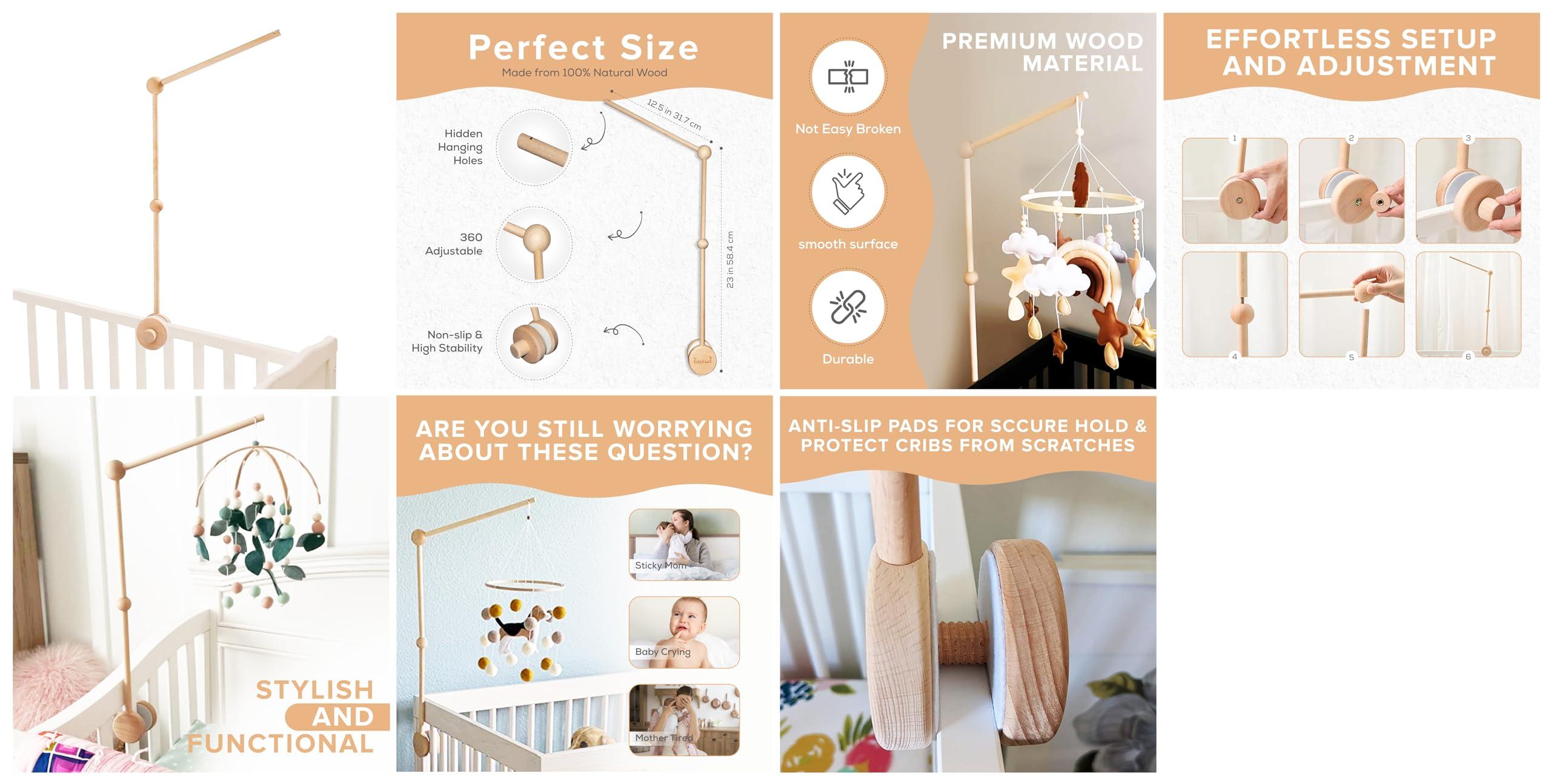 EstyFanZ Wooden Crib Mobile Arm - Safe and Rotating Baby Mobile Hanger, 33 Inch Mobile Holder for Crib - Perfect Baby Crib Mobile Arm, Easy-Install Mobile Hanger for Crib - UP to 0.8 Inch Width Crib Rail