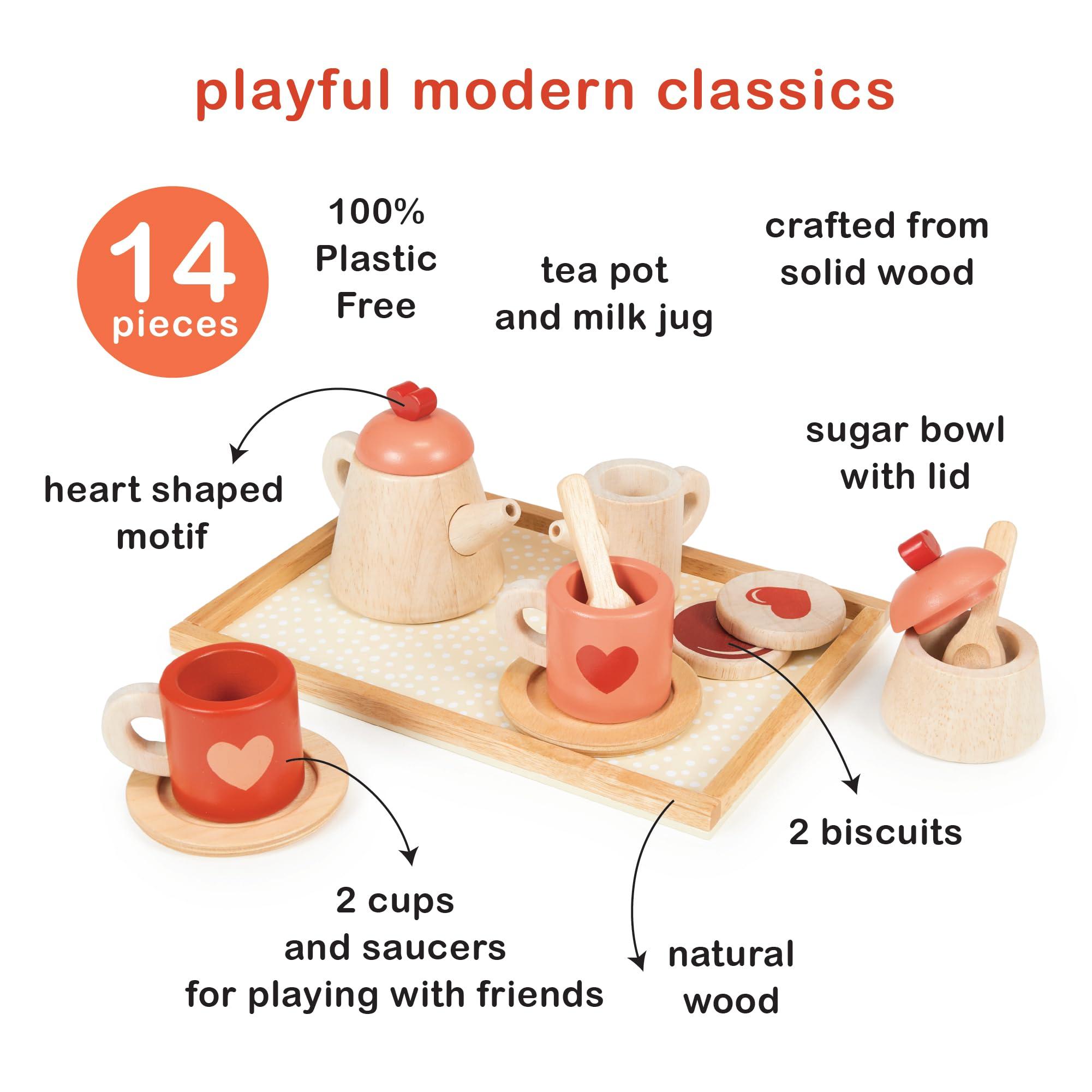 Mentari Mentari Toys - Tea Time Tray Set - Wooden Pink Teapot, Cups and Trays for Pretend Afternoon Tea Party - Social, Creative, and Imaginative Development - Learning Role Play - Age 3+