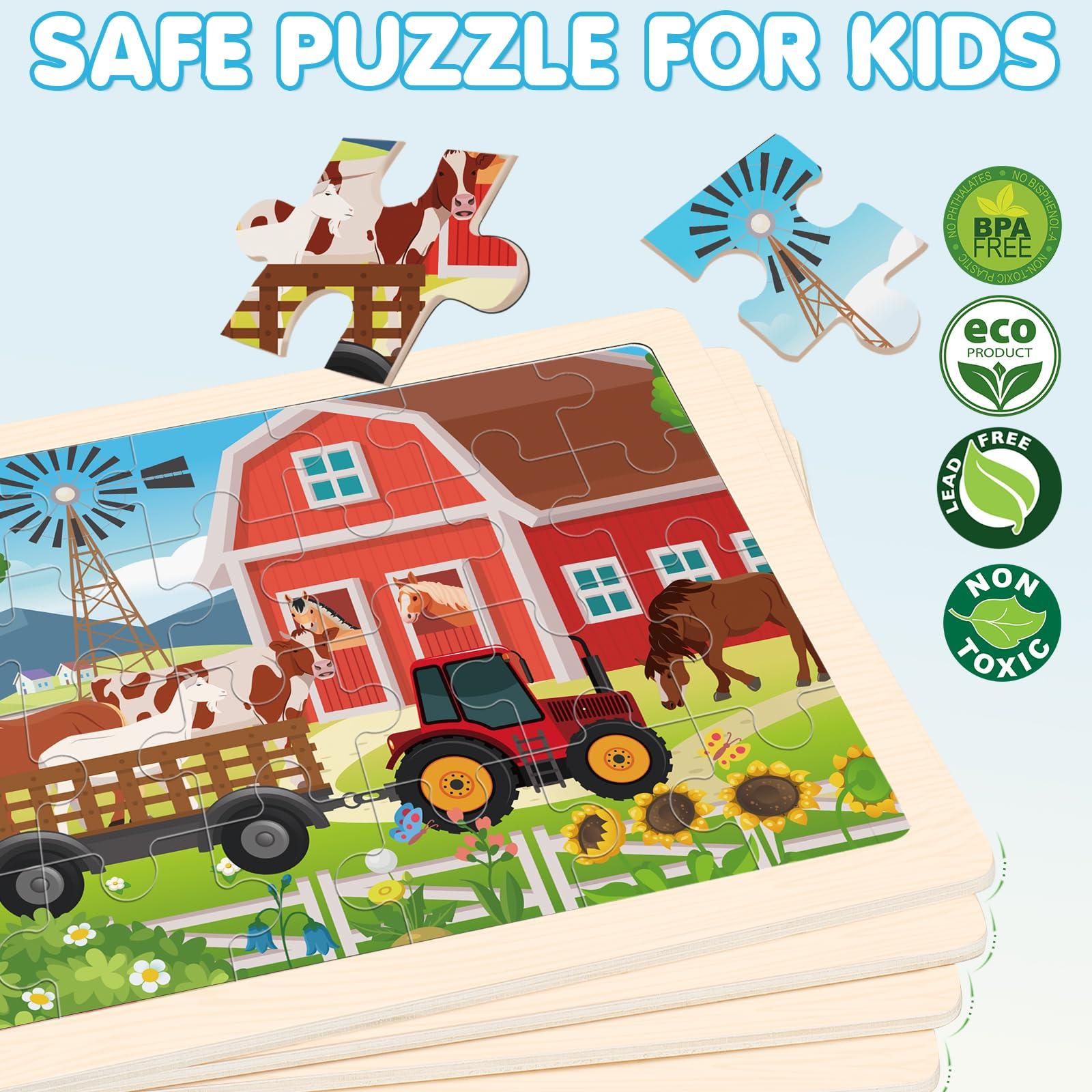 Duchong 4-in-1 Farm Wooden Puzzles for Kids Ages 4-6, 24 PCS Wooden Jigsaw Puzzles for Toddlers Ages 2-4, Preschool Educational Puzzles Boards Toys Gifts for 3 4 5 6 Boys Girls