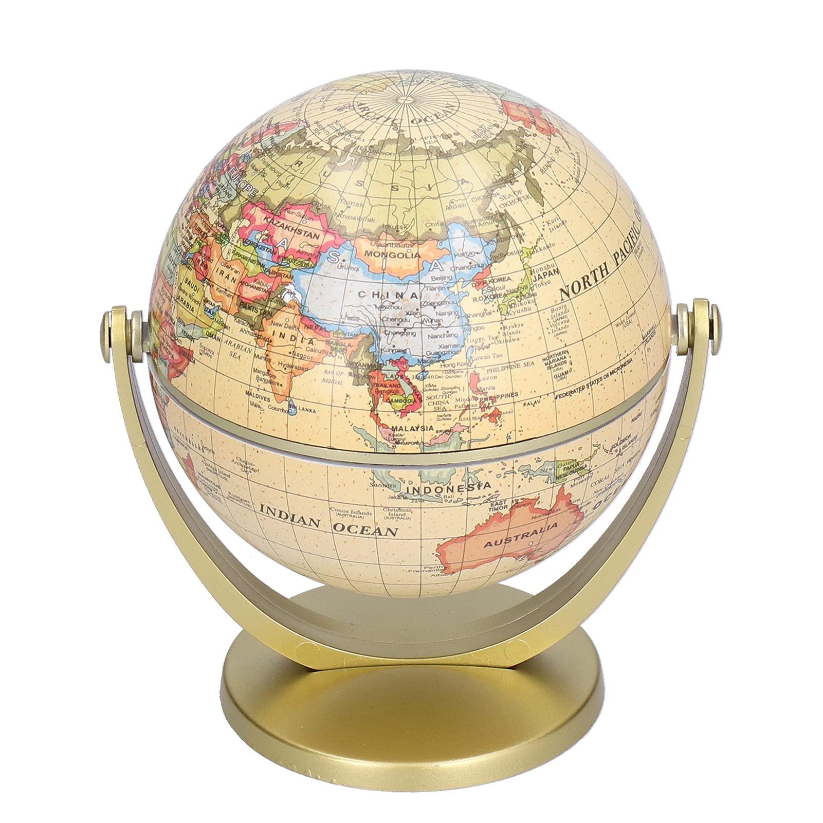 Pilipane Mini Vintage World Globe of the World with Wooden Stand, 10cm Vintage World Globe Built, Antique Decorative Desktop Globe for Adults & Kids, Home Dcor, Office