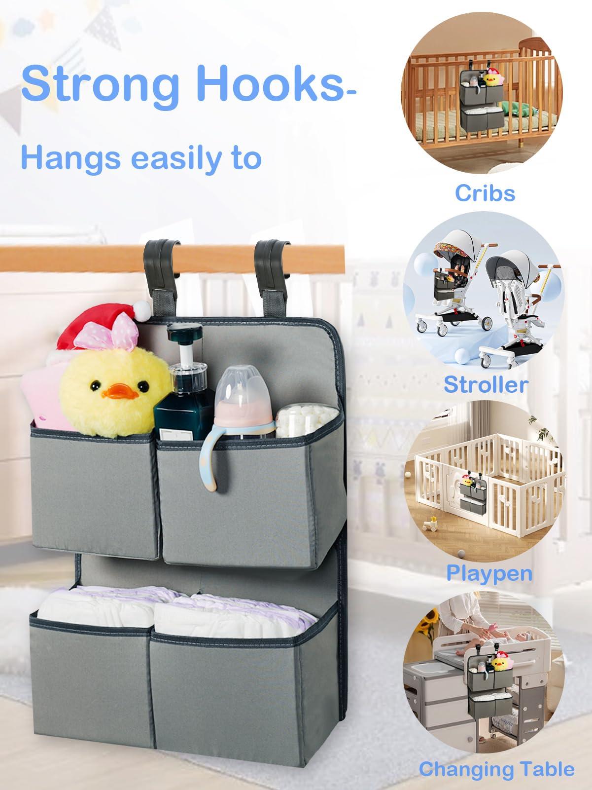 KIKJOK KIKJOK Hanging Diaper Organizer for Crib/Playpen/Bassinet Hold 80+ Diapers - 4 Deep Pockets-H19in x L15 in Changing Table Diaper Holder - Hanging Diaper Stacker Nursery Caddy Organizer - Grey