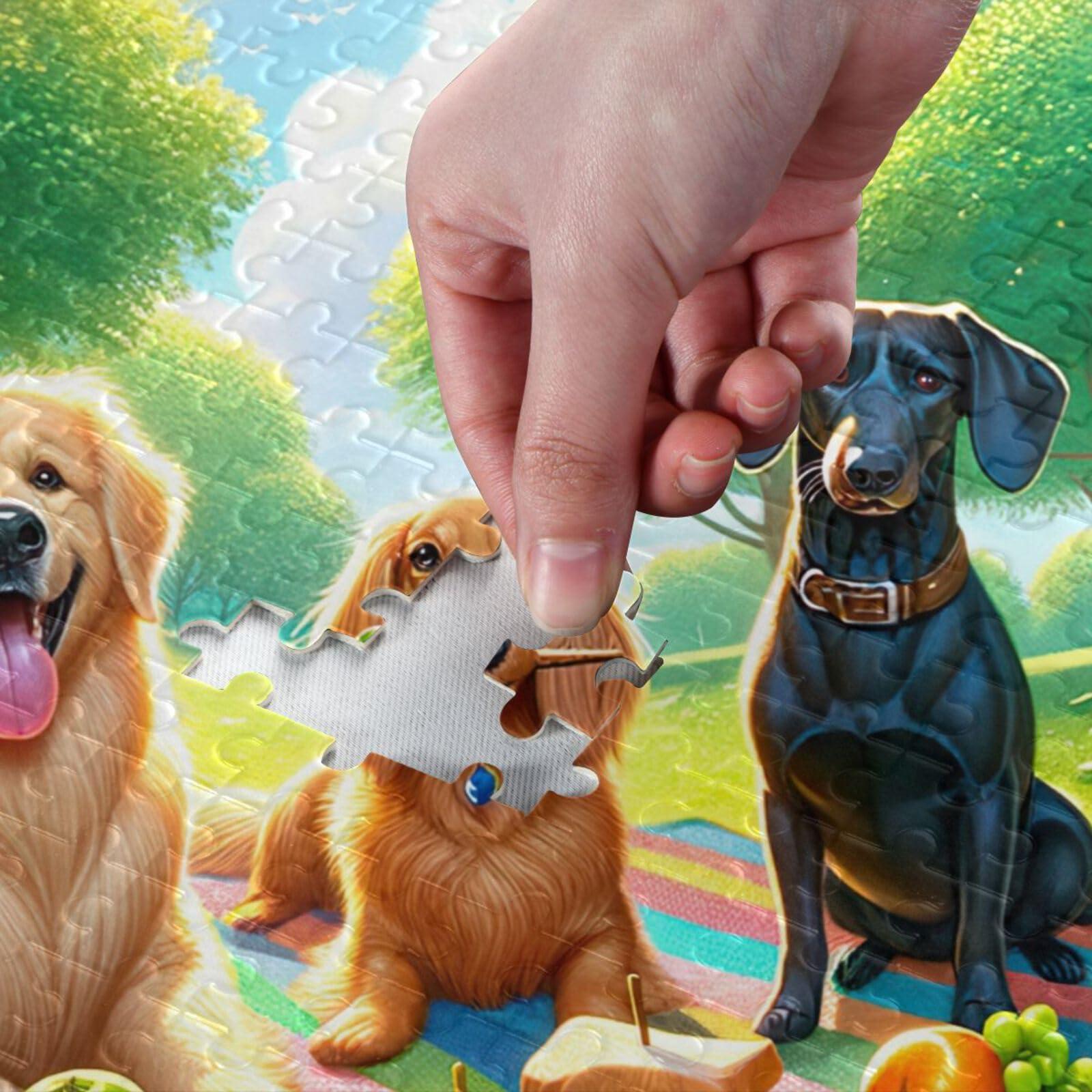 TSENQUE 500 Piece Jigsaw Puzzle, Picnic Dogs Puzzle DIY Gift Jigsaw Puzzles with Mesh Storage Bag for Adults Teens, 20.5\" L X 14.9\" W