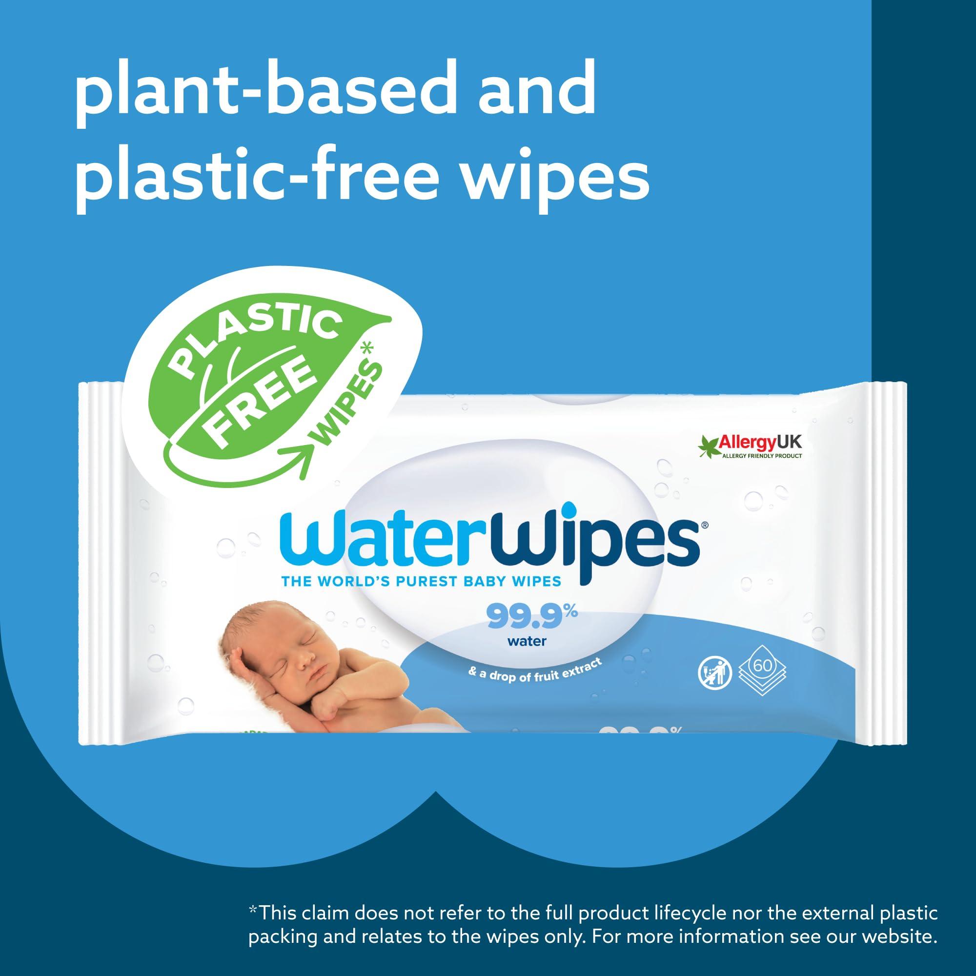 WaterWipes WaterWipes Plastic-Free Original Baby Wipes, 99.9% Water Based Wipes, Unscented & Hypoallergenic for Sensitive Skin, 60 Count (Pack of 12), Packaging May Vary