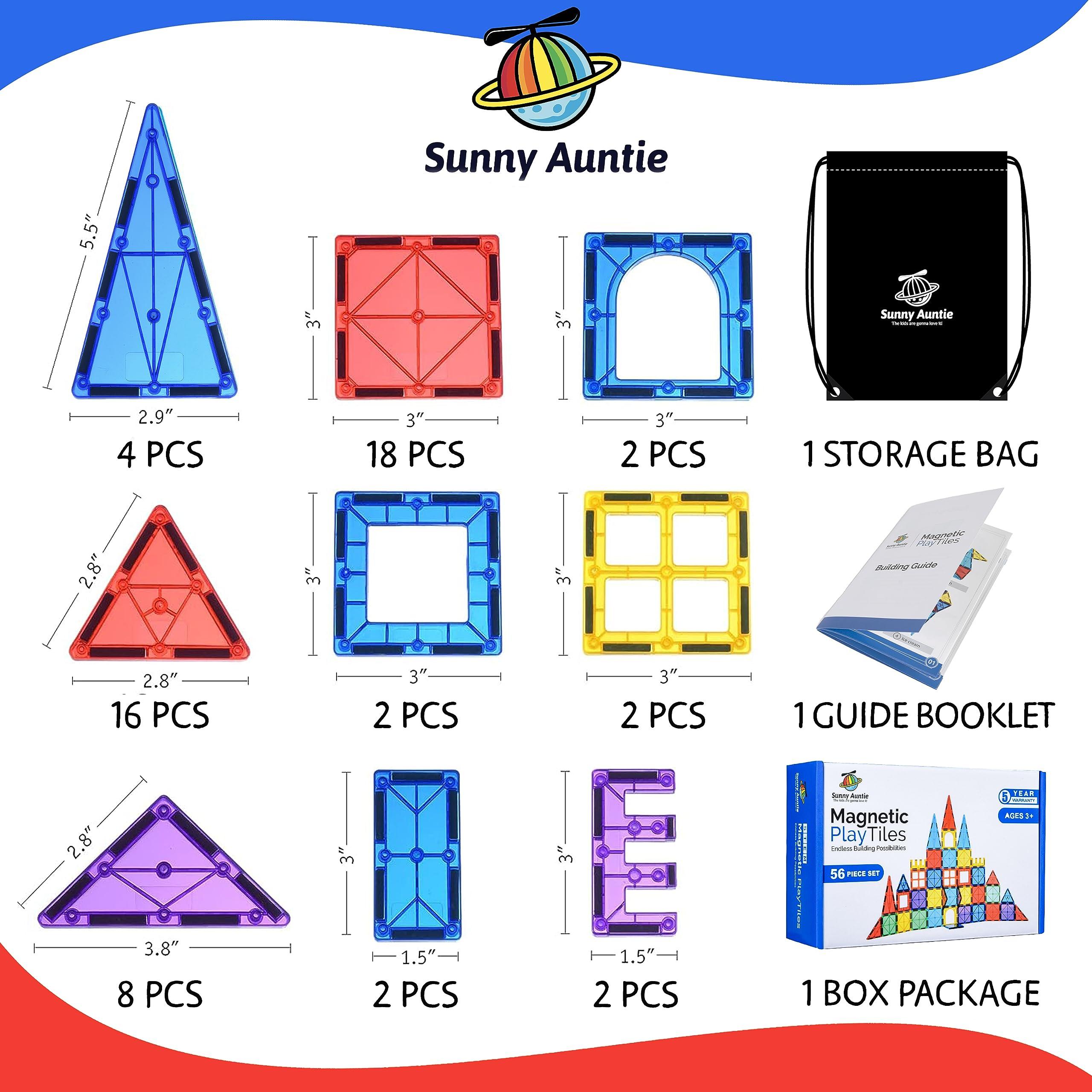SUNNY AUNTIE Magnetic Tiles 56 PCS, Magnetic Tiles for Kids & Toddlers Ages 3-8, Magnetic Toy for 3 4 5 6 7 8 Year Old Boys Girls Kids & Toddlers Magnetic Blocks Building Set STEM Toy, Great Gift for Kids aged 3-8