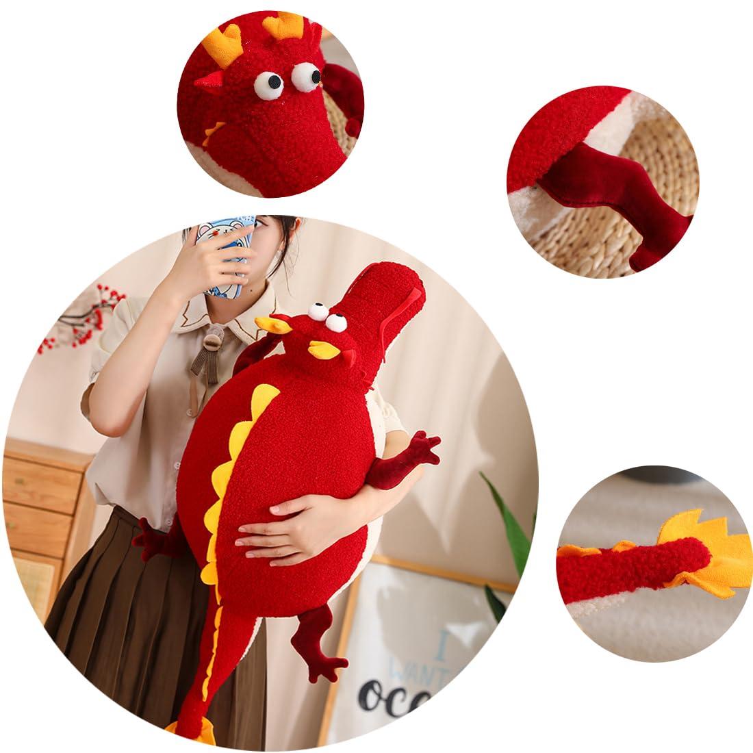 ELAINREN ELAINREN Chubby Chinese Dragon Plush Toy Cartoon Red Chinese Dragon Stuffed Body Pillow,Cute Round Dragon Lion Plushie Dino Dragon Gifts New Year/Xmas, 23.6\'\'