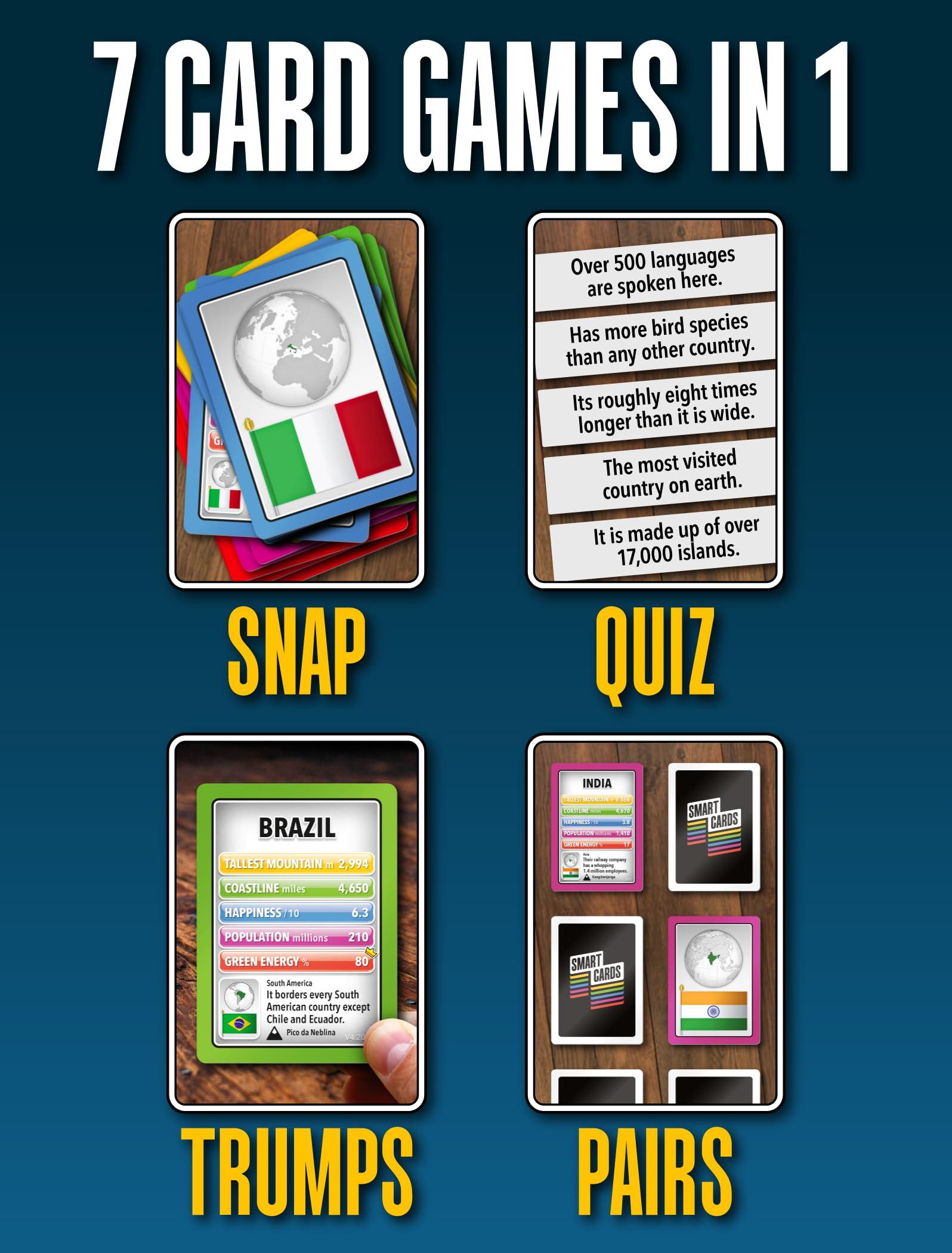 100 PICS Smart Cards Countries, 7-Games-in-1 (Trumps, Pairs, Guess Who, Happy Families, Rummy, and More)