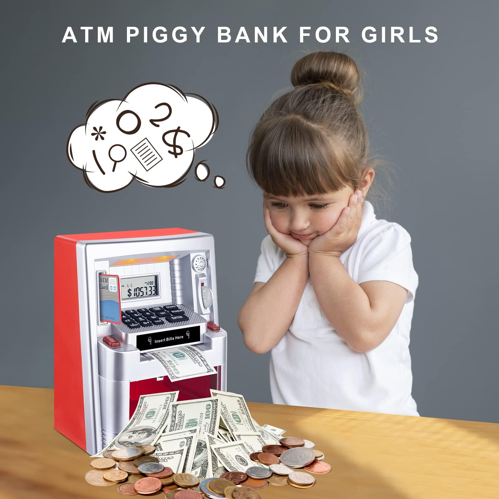 qiekaka Qiekaka Upgraded ATM Piggy Bank, Kids Talking Piggy Bank, ATM Bank Machine for Real Money, with Debit Card, Balance Calculator, Digital Electronic Savings Safe Box for Teen Boys Girls.