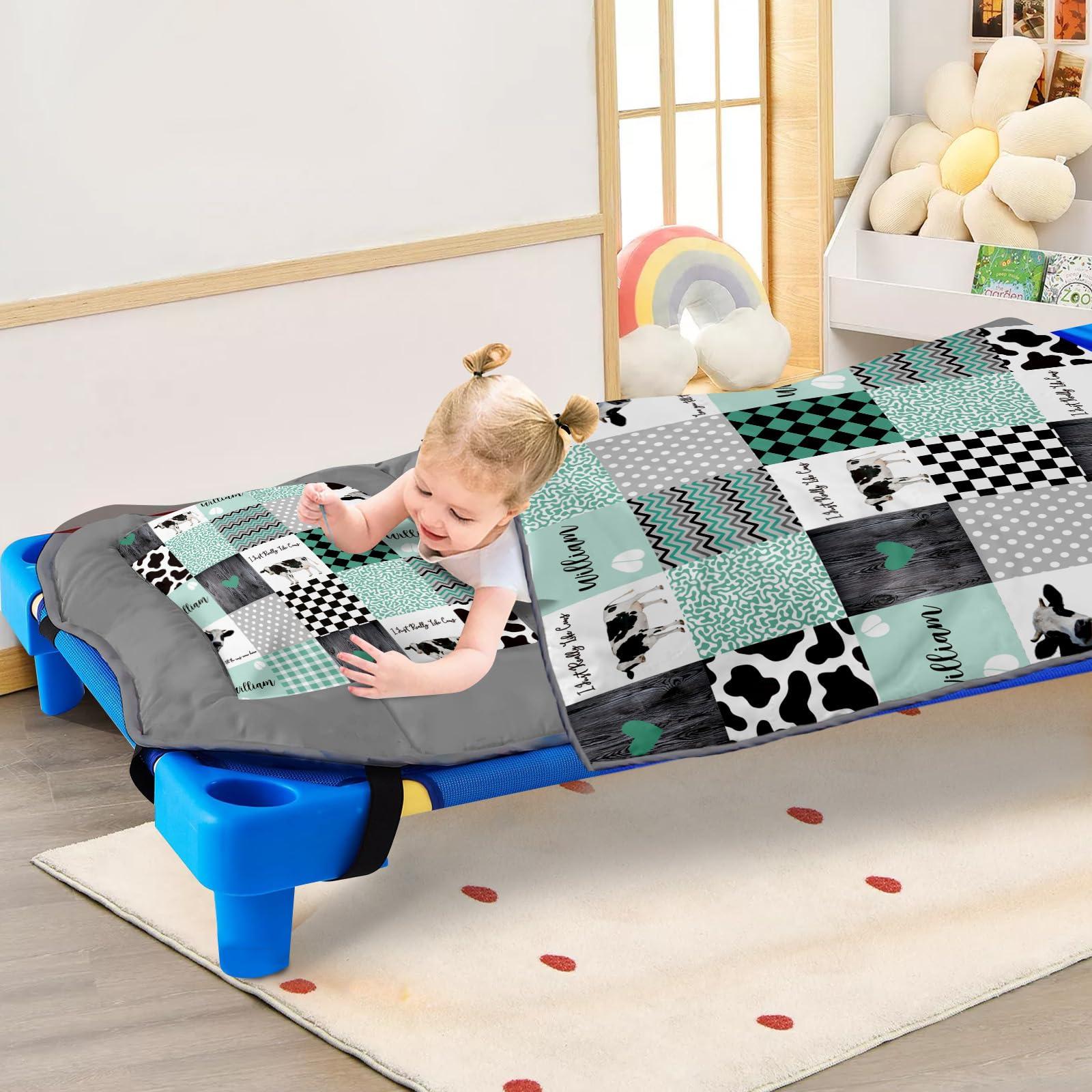 Duckbe Custom Toddler Bedding Set - Personalized Name with Animals Plaid Nap Mat for Preschool, Roll Up Sleeping Bag with Flannel Blanket for Boys Girls Kids Daycare Gift Color10-Cow