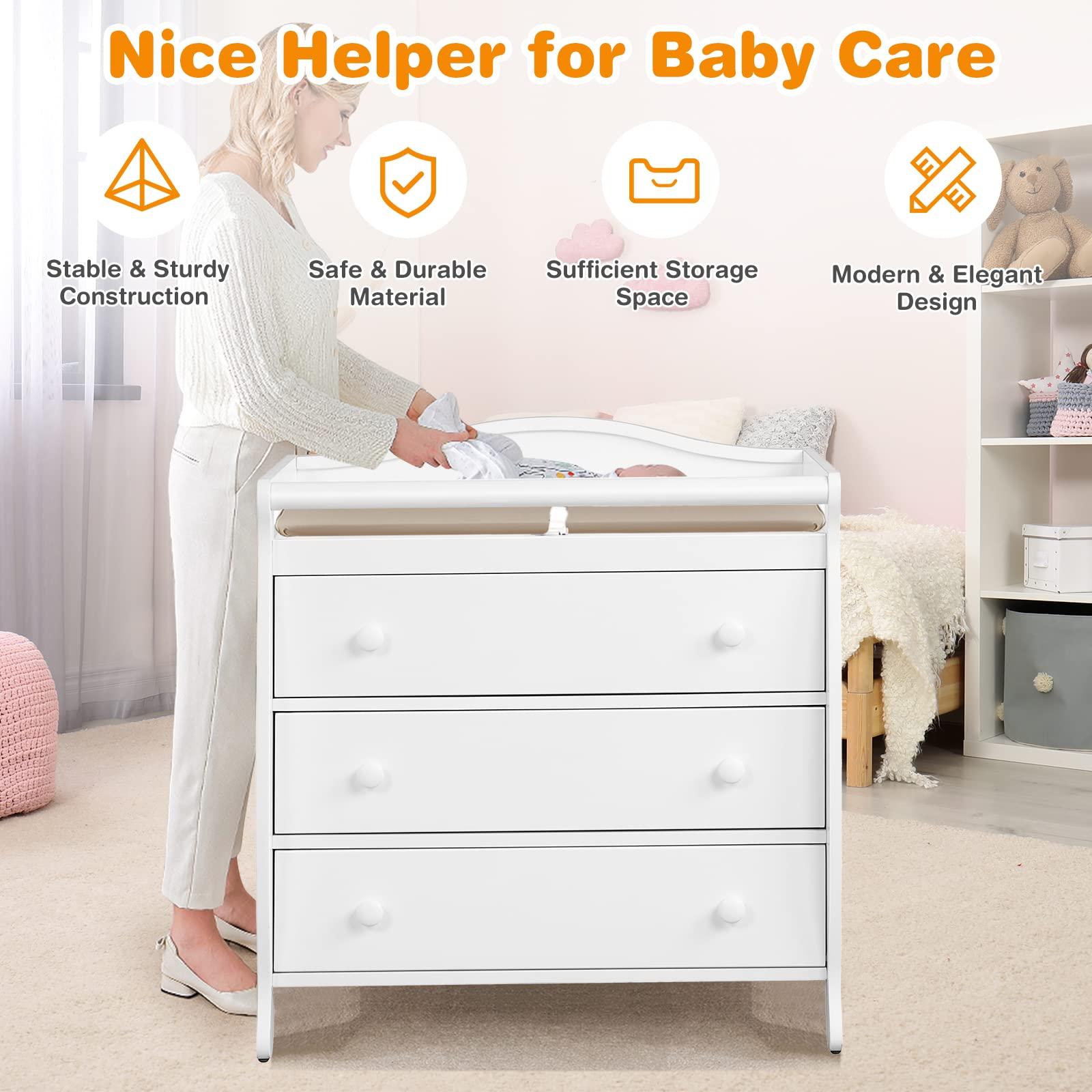 Costzon Costzon 3-Drawer Changing Table, Infant Diaper Changing Station with Drawers, Safety Rails & Strap, Baby Changing Table Dresser for Nursery, Easy Assembly (White)