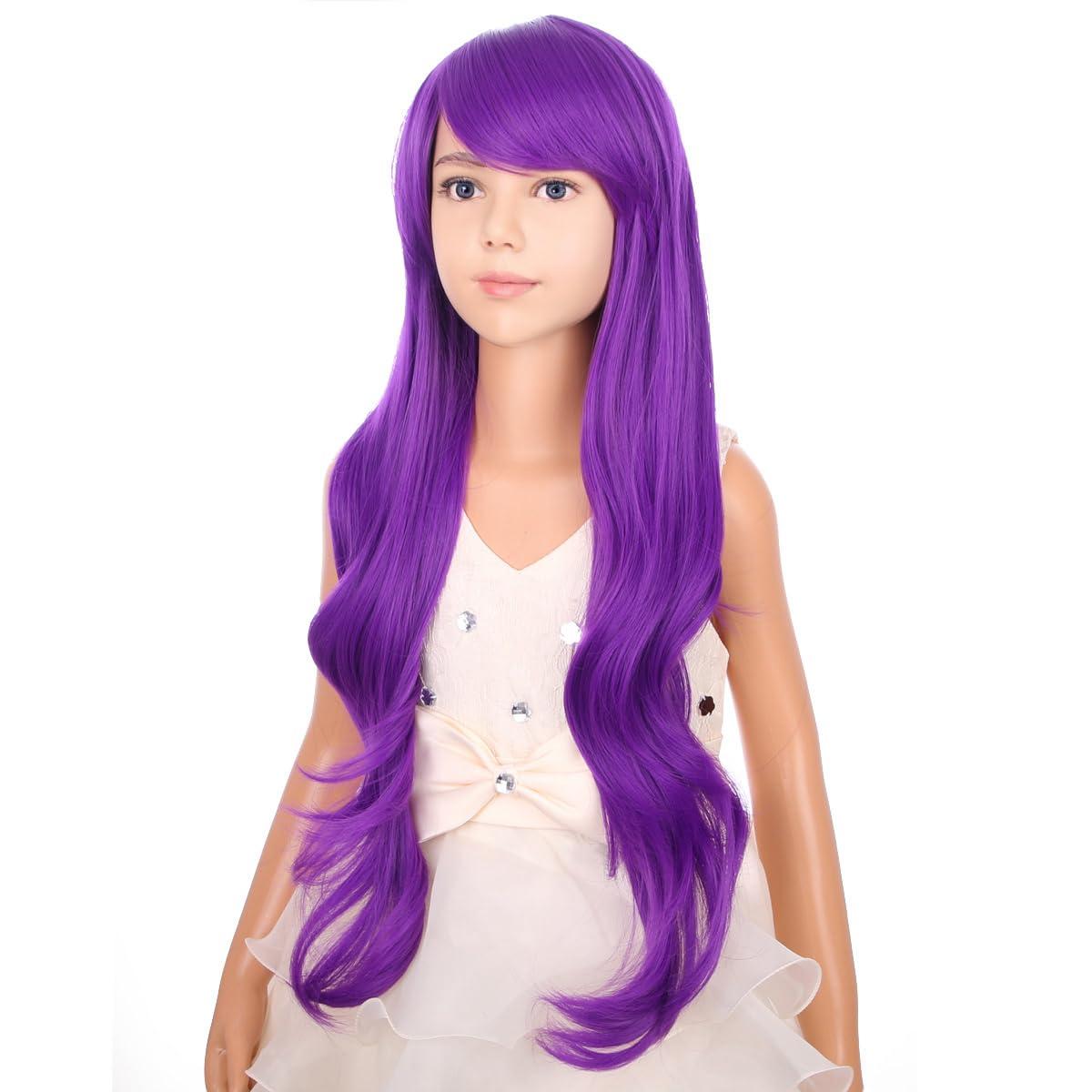 PATTNIUM PATTNIUM Kids Purple Wig Long Wavy Purple Wig with Bangs for Child Girls Dark Purle Synthetic Wig with Wig Cap