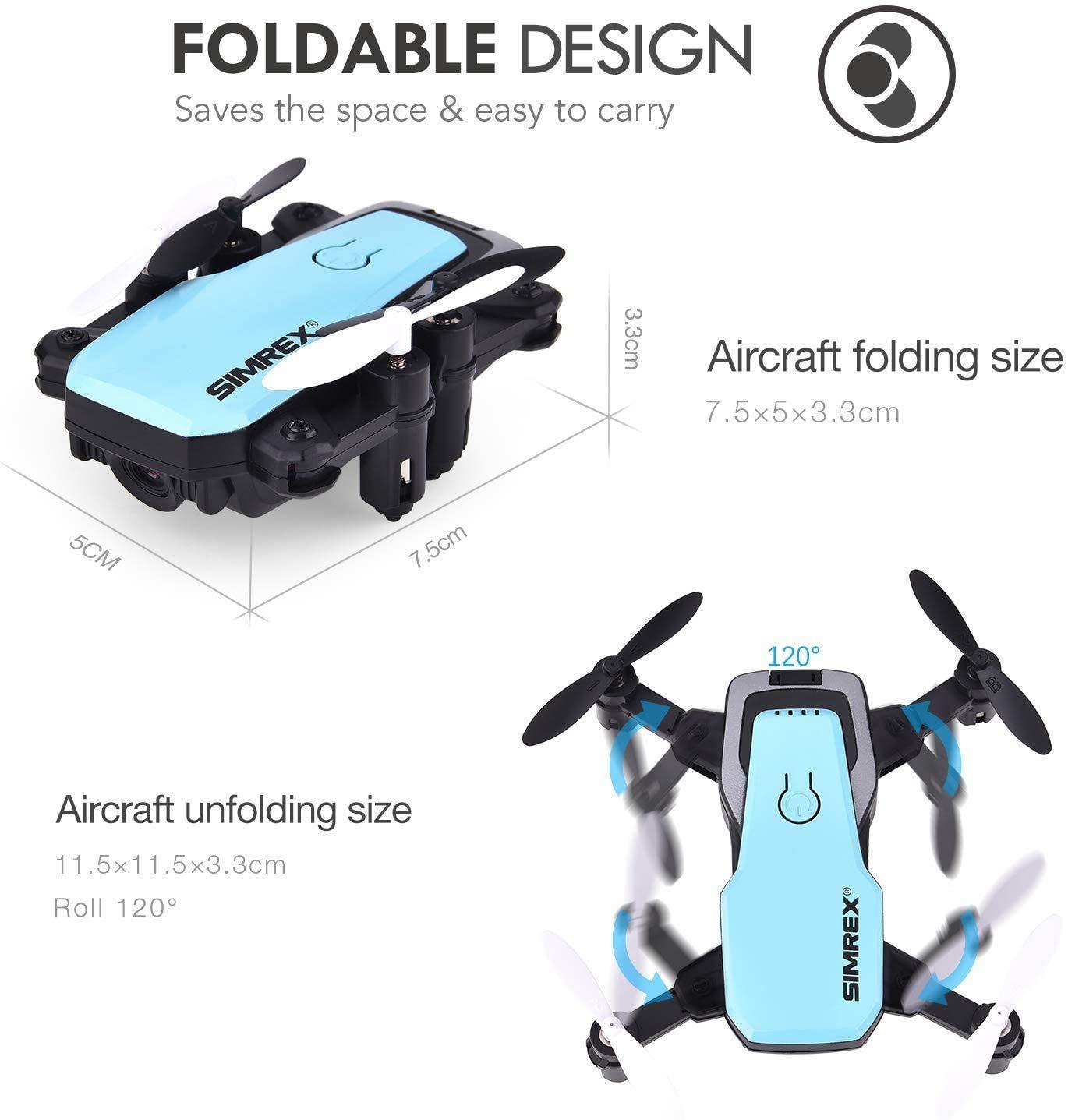 SIMREX SIMREX X300C Mini Drone RC Quadcopter Foldable Altitude Hold Headless RTF 360 Degree FPV Video WiFi 720P HD Camera 6-Axis Gyro 4CH 2.4Ghz Remote Control Super Easy Fly for Training Blue