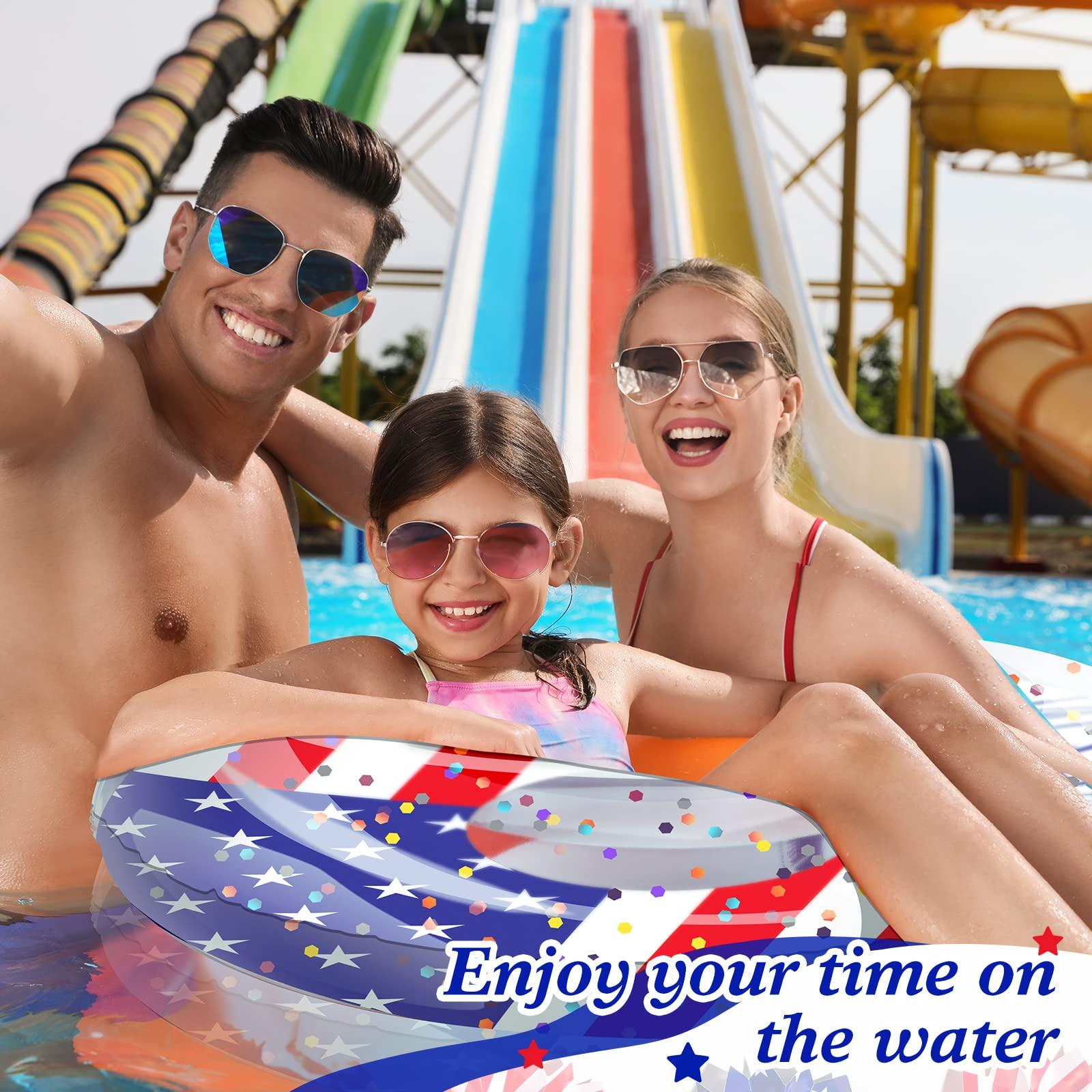 Wettarn Wettarn 4 Pcs 24 Inch Patriotic Inflatable Pool Float with Confetti USA Flag Swim Tube 4th of July Pool Tube Cool Pool Floaties Water Swimming Ring for Girls Boys Pool Toys Beach Lake Water Sports