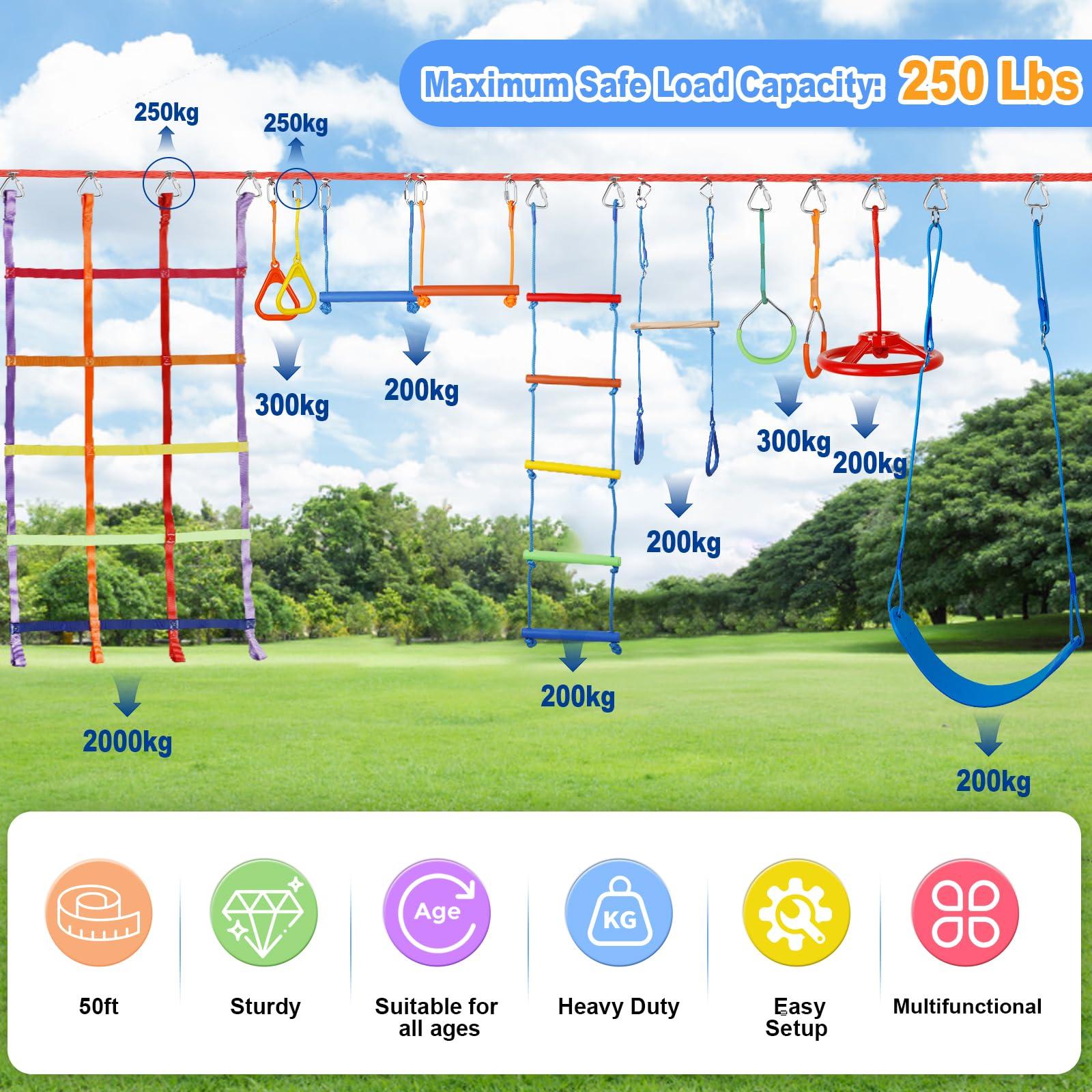 ITEFDTUTNE 50ft Ninja Warrior Obstacle Course for Kids with Swing, Ninja Course for Kids Outside with 11 Accessories--Swing Set, Trapeze Swing, Climbing Net, Rope Ladder, Outdoor Playset with Monkey Bars