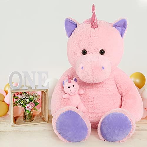 MorisMos MorisMos Giant Stuffed Unicorn 4 Foot, 51\'\' Giant Unicorn Stuffed Animal, 2-in-1 Big Stuffed Unicorn & Baby Unicorn Doll, Pink Unicorn Stuffed Animal for Girl Kid on Birthday Christmas Valentine\'s Day