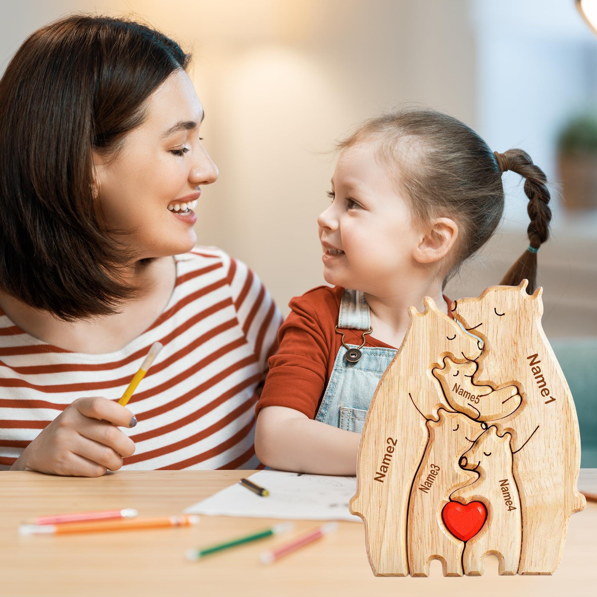 WHIMCHOIT Personalized Wooden Bear Puzzle with 3-5 Family Name Custom Family Name Sculpture Customized Family Name Sign Gifts Wooden Animal Family Puzzle for Home Decor and Anniversary Birthday Mom Dad Gifts