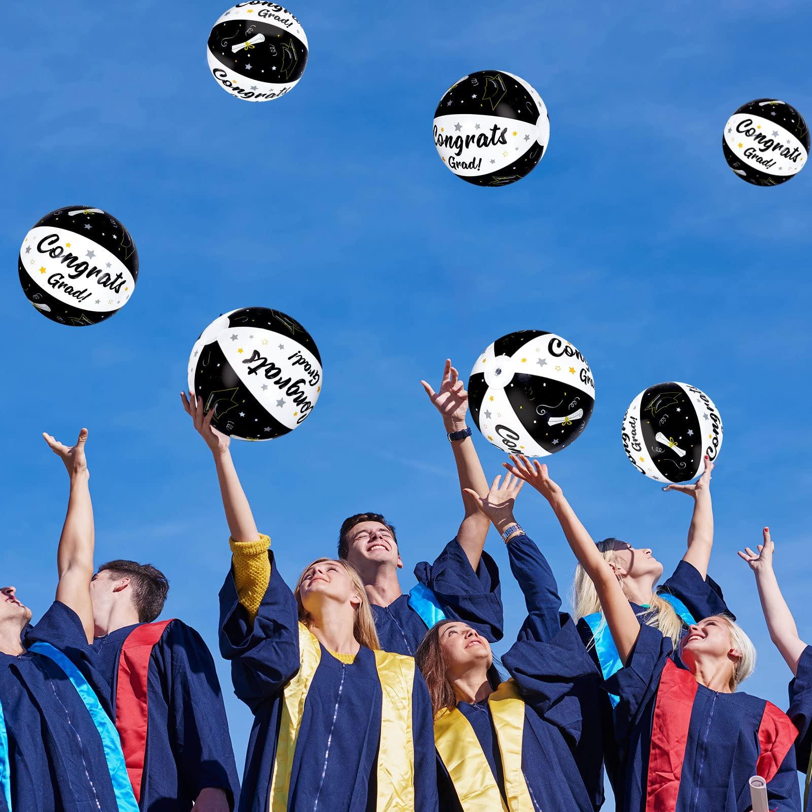 Whaline Whaline 12Pcs Graduation Inflatable Beach Balls 11.8 Inch 2024 Congrats Grad Beach Ball Black White Graduation Pool Party PVC Bech Balls for Swimming Pool Party Summer Water Sand Game