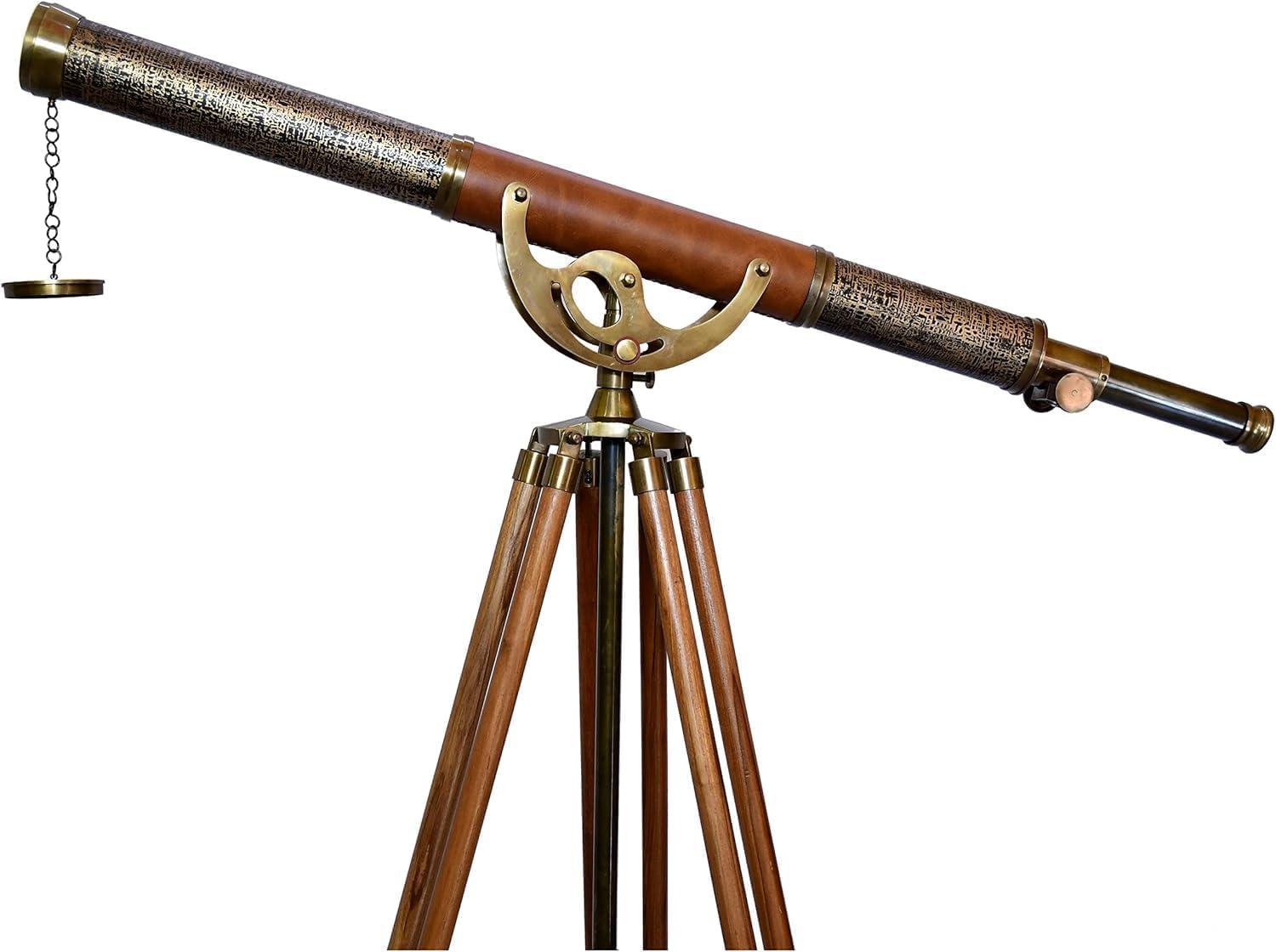 Antiqueex Single Barrel Antique Brass Telescope Beautiful Wooden Floor Standing Tripod Maritime Spyglass Brown Leather