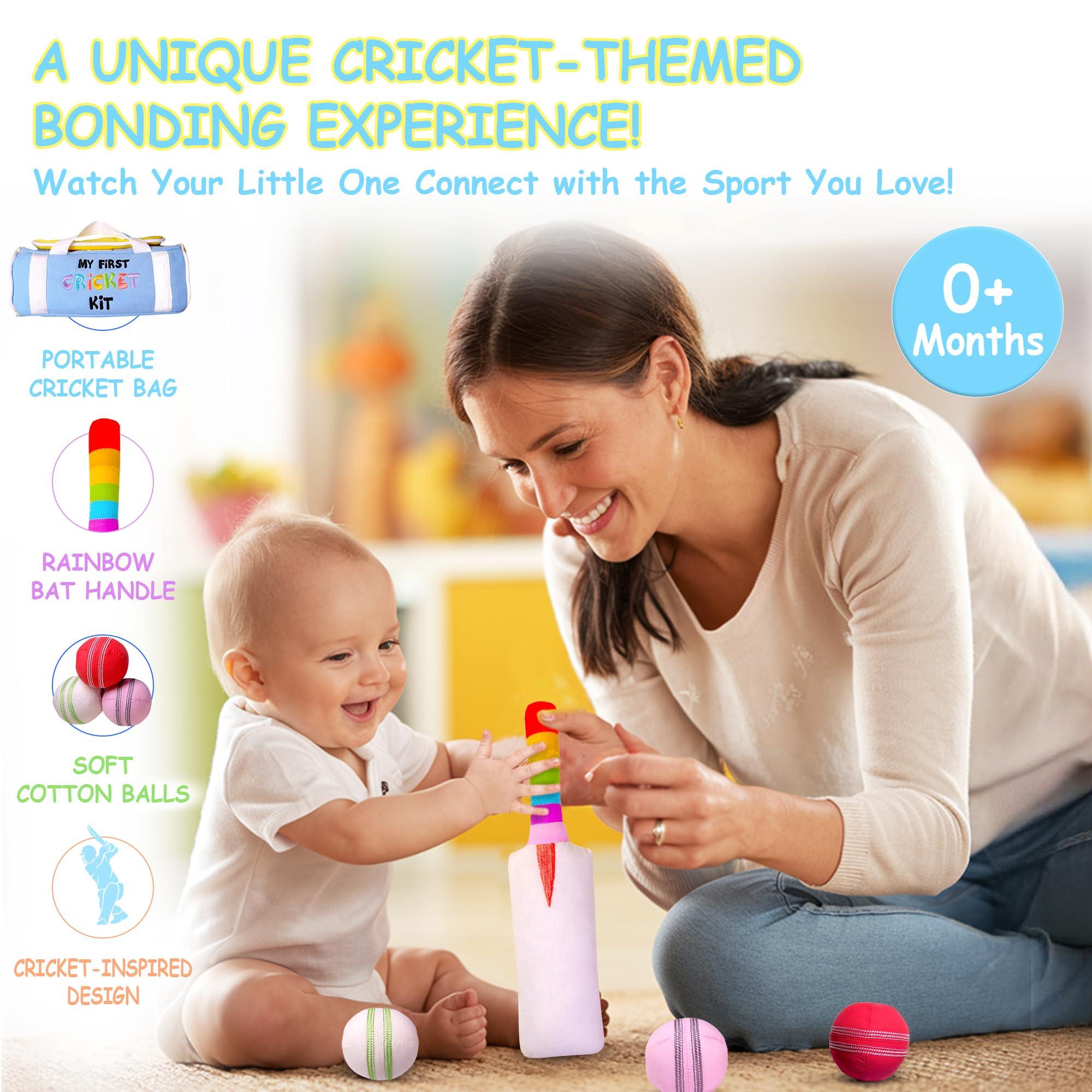 CRICBABY CRICBABY My First Cricket Kit | Organic Soft Plush Toy | Gift Baby and Infant 0-2 Years | 3 Soft Sensory Cricket Balls-Rattle, Crinkle, Squeaker & 1 Rainbow Rattle Cricket Bat | Safe, Fun, Educational