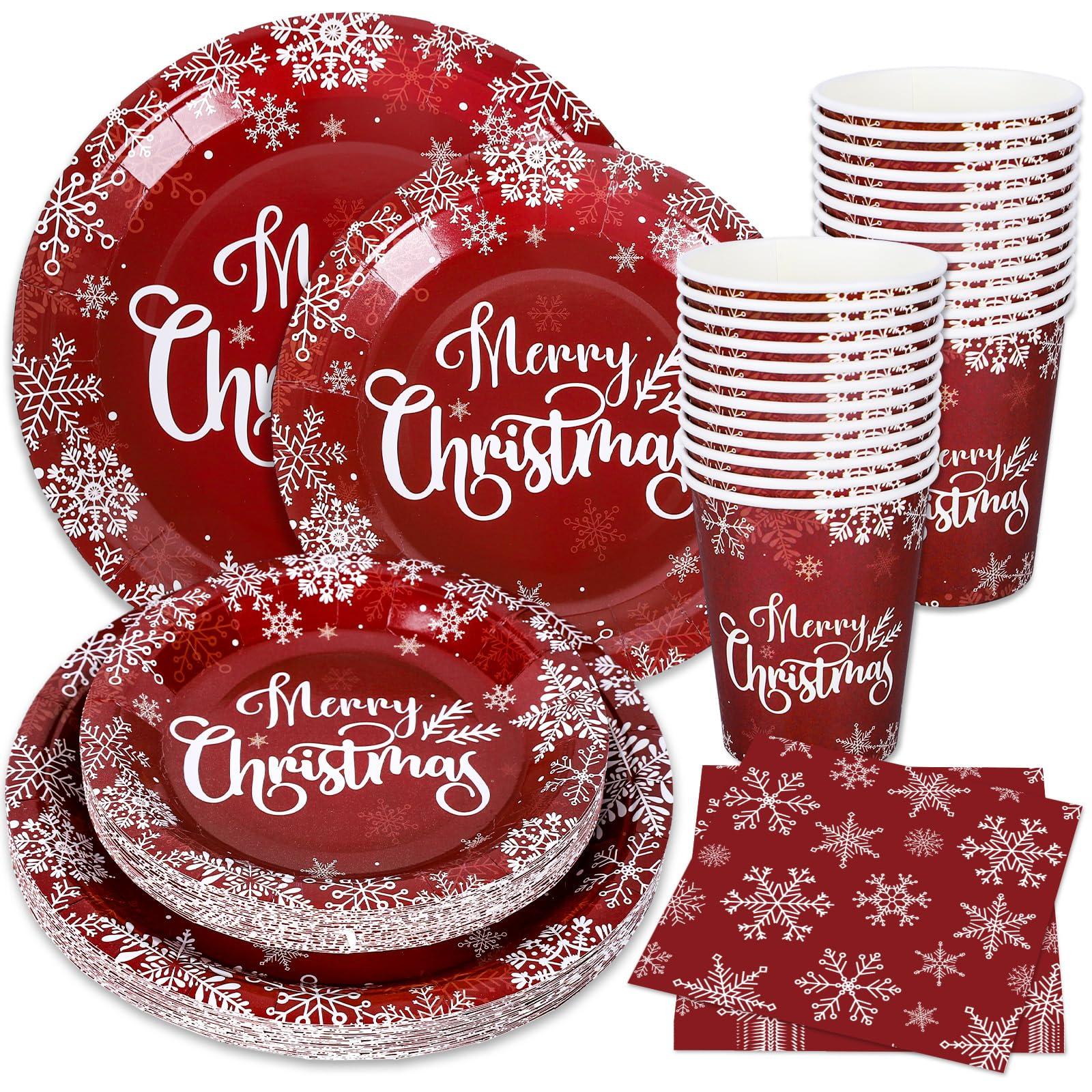 AnyDesign AnyDesign Christmas Paper Plates and Napkins 50Pcs Plates and 25Pcs Luncheon Napkins with 25Pcs Cups Red Xmas Winter Snowflake Disposable Dinner Tableware Set for Party Supply Table Decor