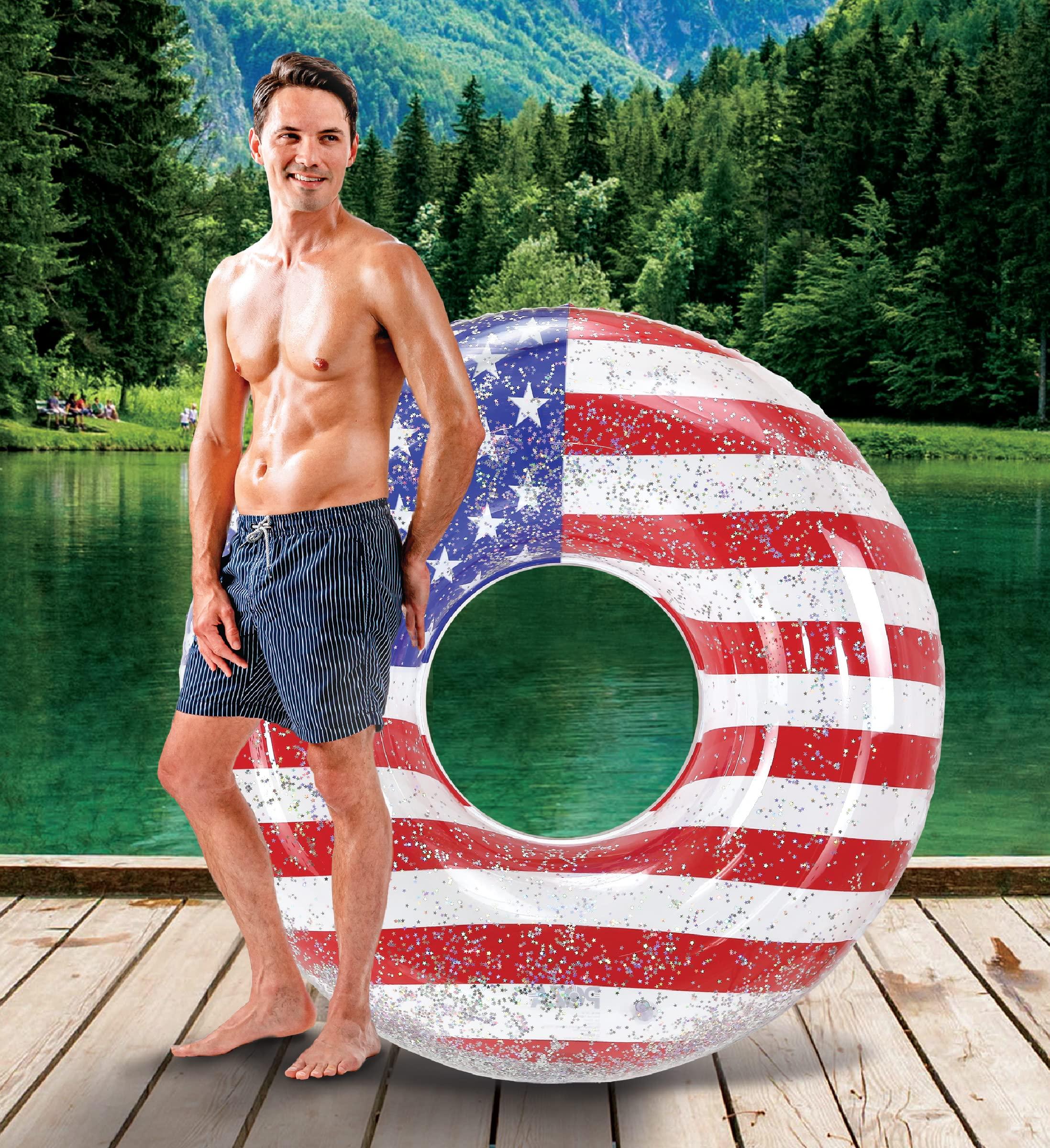 POZA POZA Inflatable USA Flag Giant Pool Float Tube - Sparkle Silver Stars Confetti Filled Luxurious Fun Lounger, Cool USA Flag Design Water Swimming Ring Pool Floaties for Beach, Lake, Pool 48 Inch