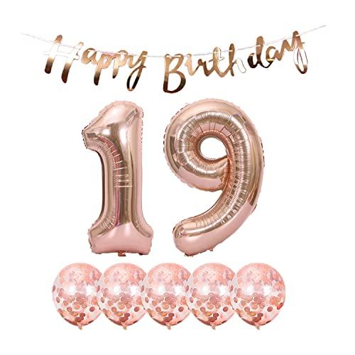 Chaungfu 19th Birthday Decoration Happy Birthday Banner Balloons 19 Years Old Birthday Party Supplies Helium Balloons Number 19 Balloons Latex Balloon Foil Balloon, 19th Rose Gold Birthday Party Decoration